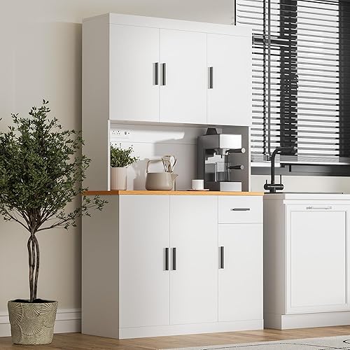 DIYART Gabinete de despensa de cocina negro, gabinete de almacenamiento de cocina de 71 pulgadas de alto con toma de corriente, gabinete de cocina