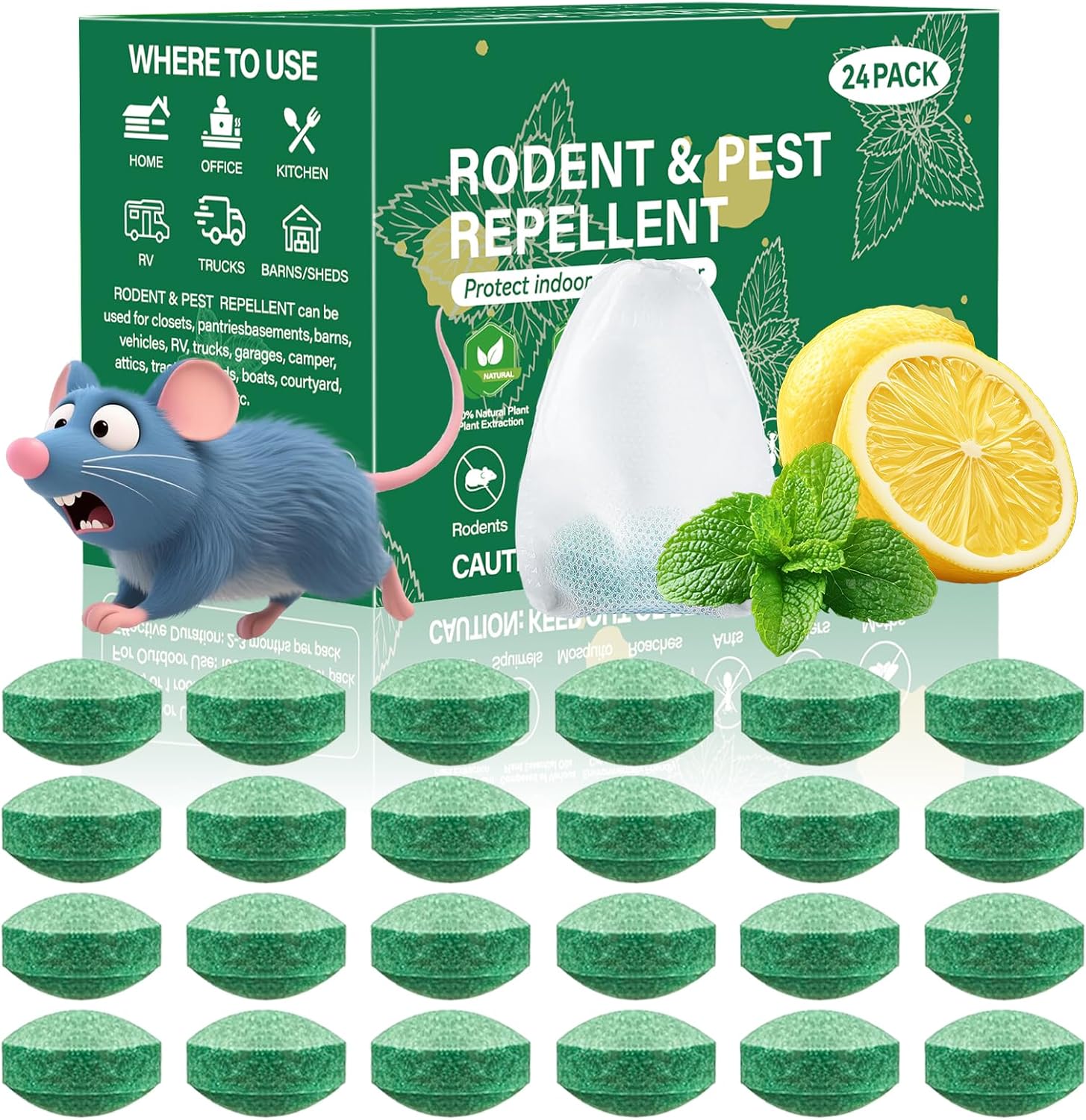 Pest Rodent Repellent, 24 Pack Peppermint Oil for Mouse, Rodent, Bugs,Mosquito,Roach, Ant, Spider Pest Repellent Indoor Outdoor Use, Powerful Natural Rodent Deterrent for House, Warehouse, Garage (24)