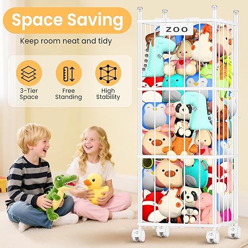 Vista 7 de TomCare Organizador de almacenamiento de metal extra grande para animales de peluche, con 4 ruedas bloqueables, ahorro de espacio, soporte