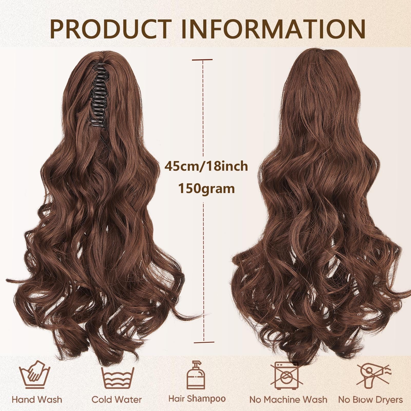 Cybelleza Ponytail Extension Curly Wavy Claw Jaw Pony Tail 18" One Piece Clip in Hair Extensions Ponytail Hairpiece Synthetic Long Natural for Women Dark Brown & Dark Auburn - Image 4