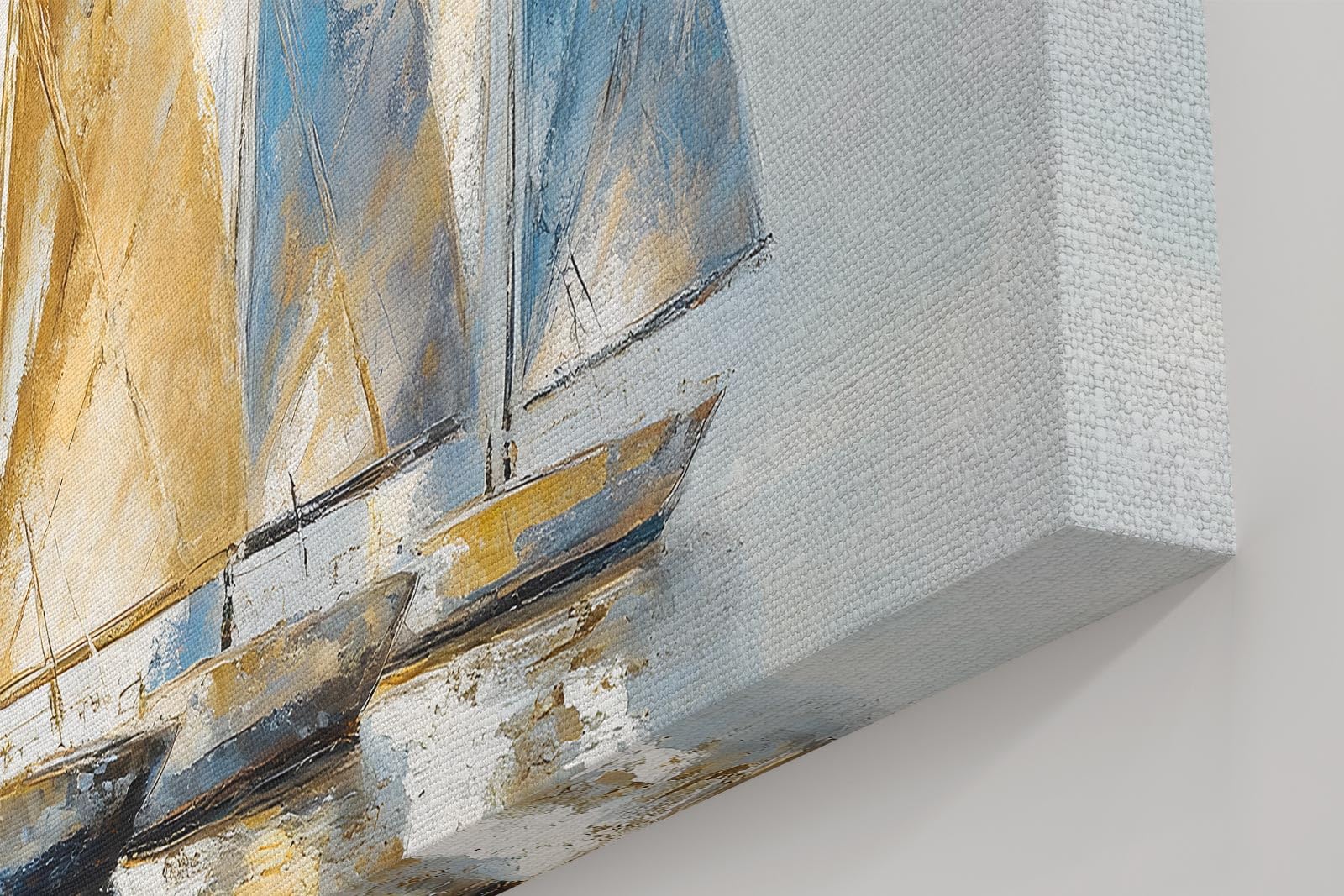 Sinus Art Wandbild 120x60cm Dynamisches Motiv mit sieben Segelbooten in Blau und Goldtönen – stilvoll und maritim zugleich