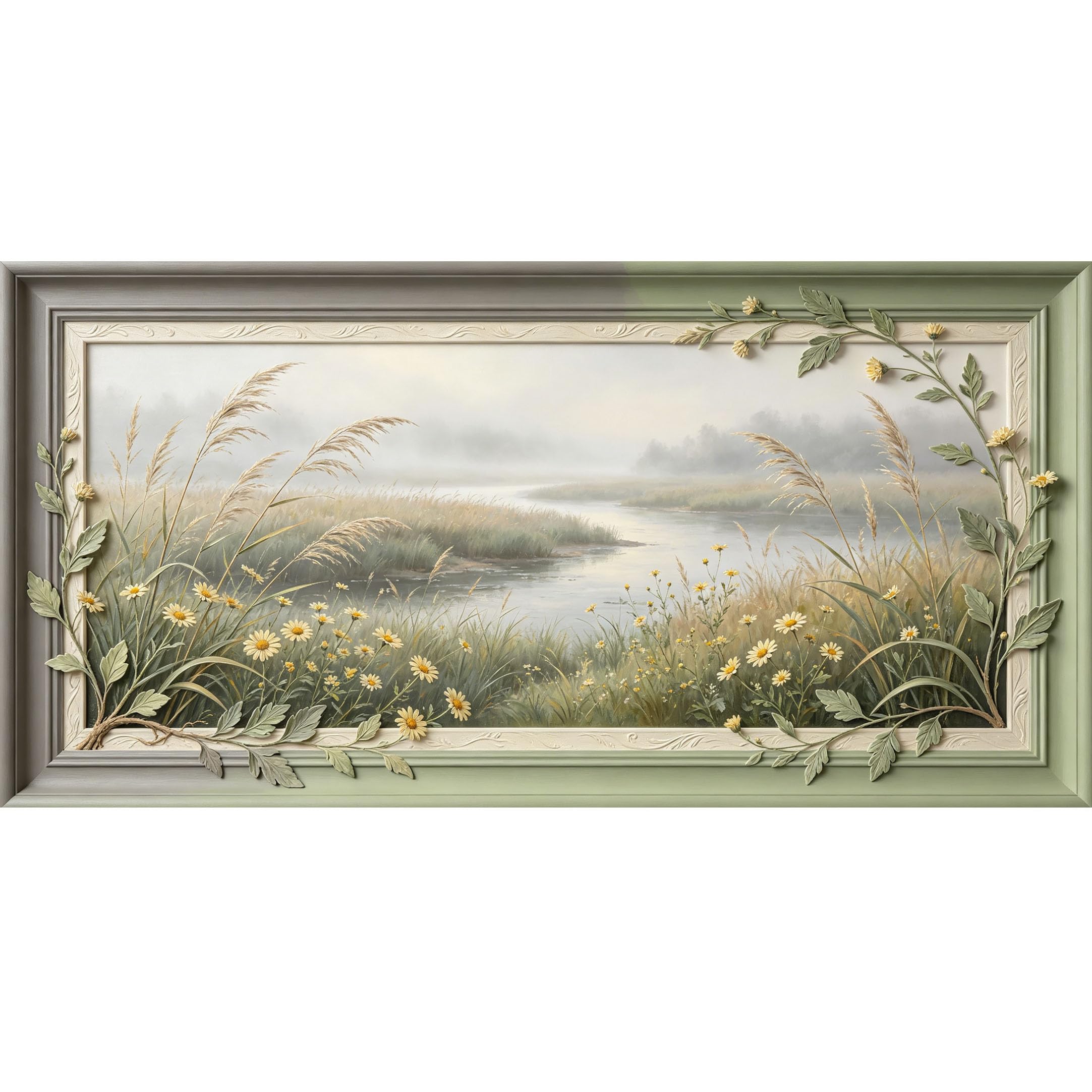 Agglomerix 3D Framed Wall Art Riverbank Wildflower Botanical Farmhouse Relief Effect Large Size SelfAdhesive Removable Wall Decor Prints Artwork for Living Room Bedroom Office