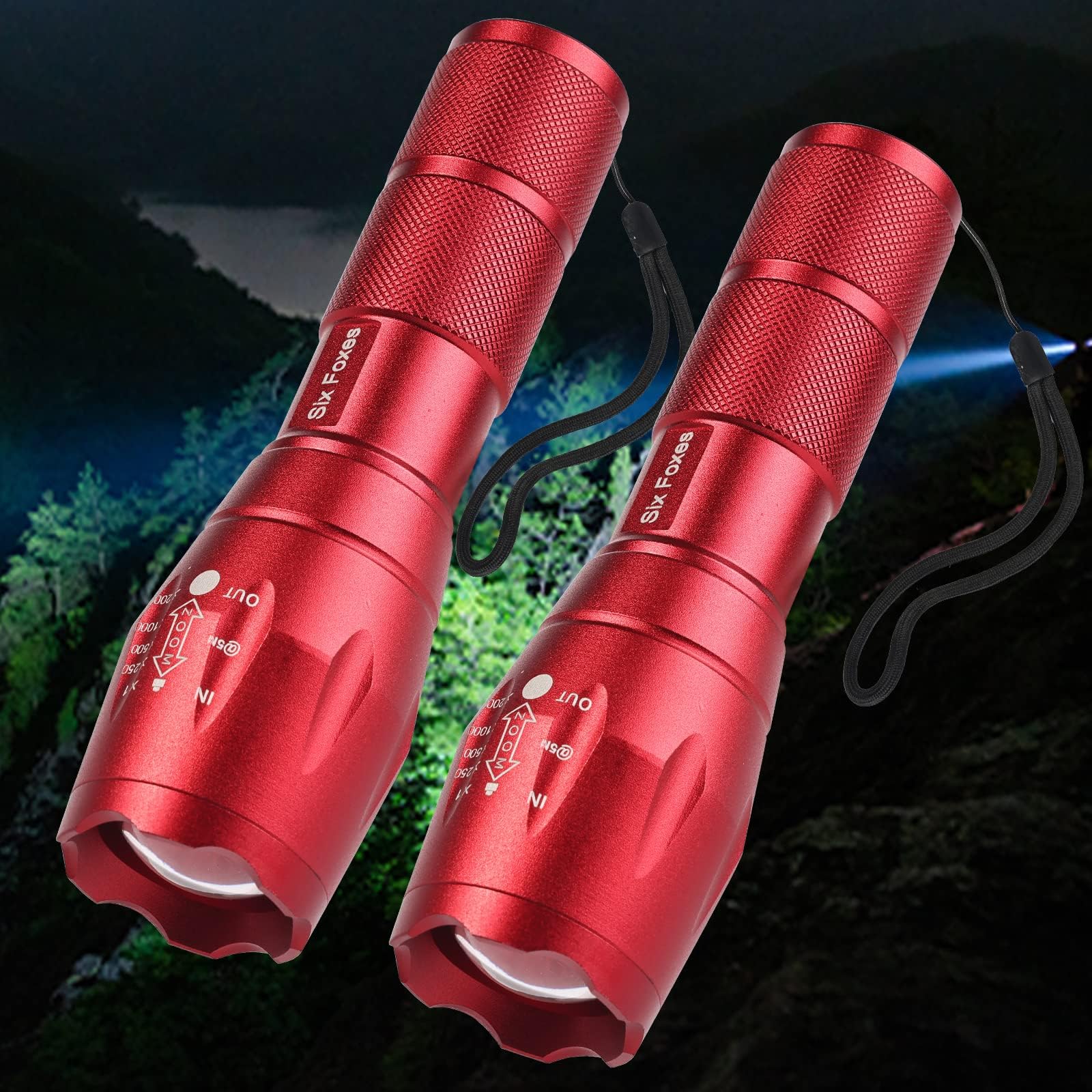 SIX FOXESRed Flashlight 3000 High Lumens(2 Pack), Tactical Flashlight with 5 Modes, Powerful Flash Light Waterproof Flashlights Zoomable