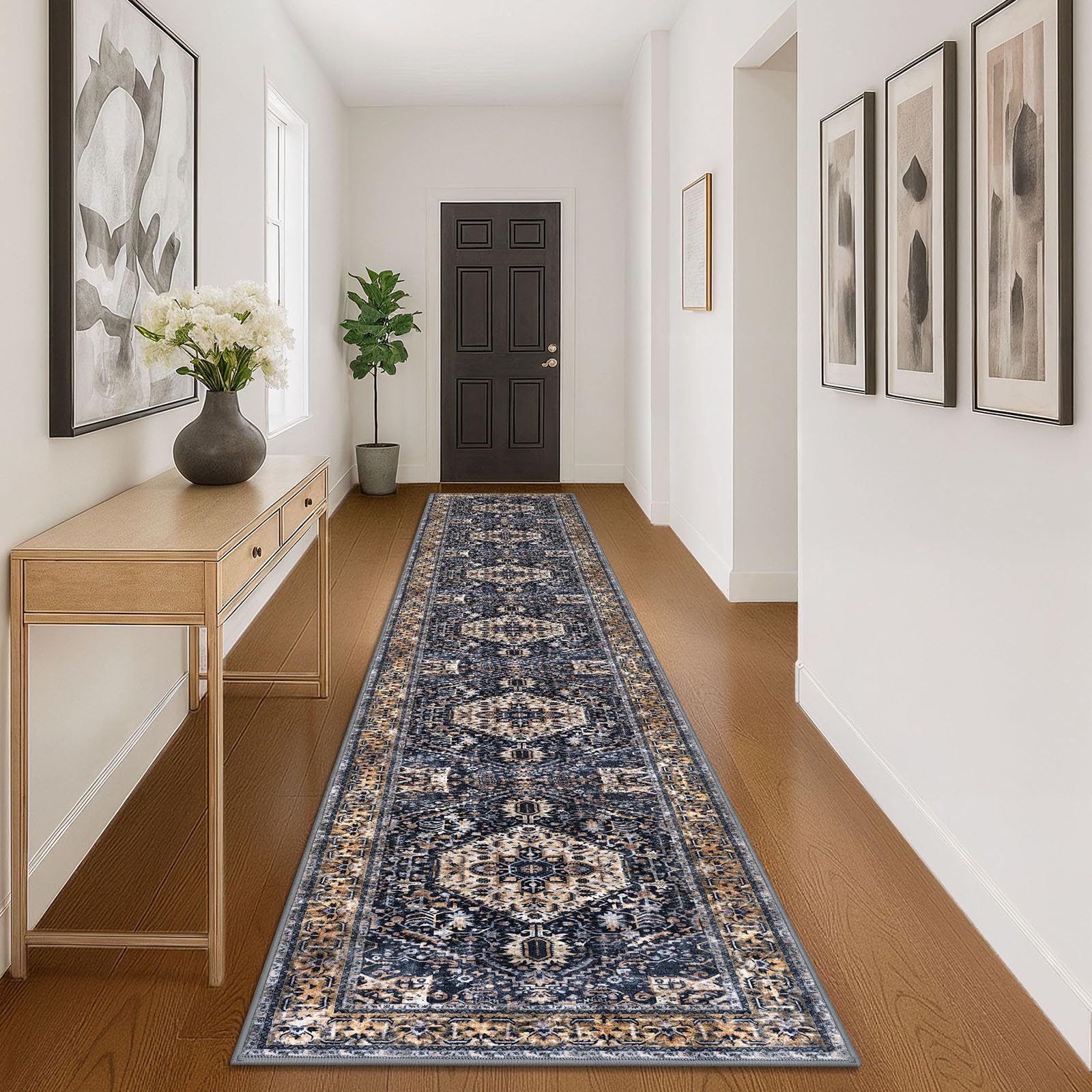 KOZYFLY Runners for Hallways 3x16 Ft Extra Long Washable Kitchen Thin Runner Rug Boho Runner Rug for Entryway Indoor Printed Faux Wool Stair Floor Carpet for Kitchen Hall, Gold/Orange/Navy — image 1