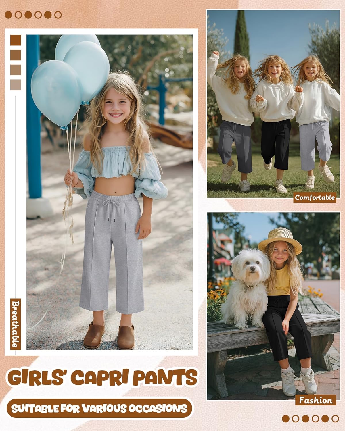 3 Pack Girls Capri Pants Wide Leg Elastic Waist Drawstring Capris with Side Pockets Casual Trousers 5-14 Years