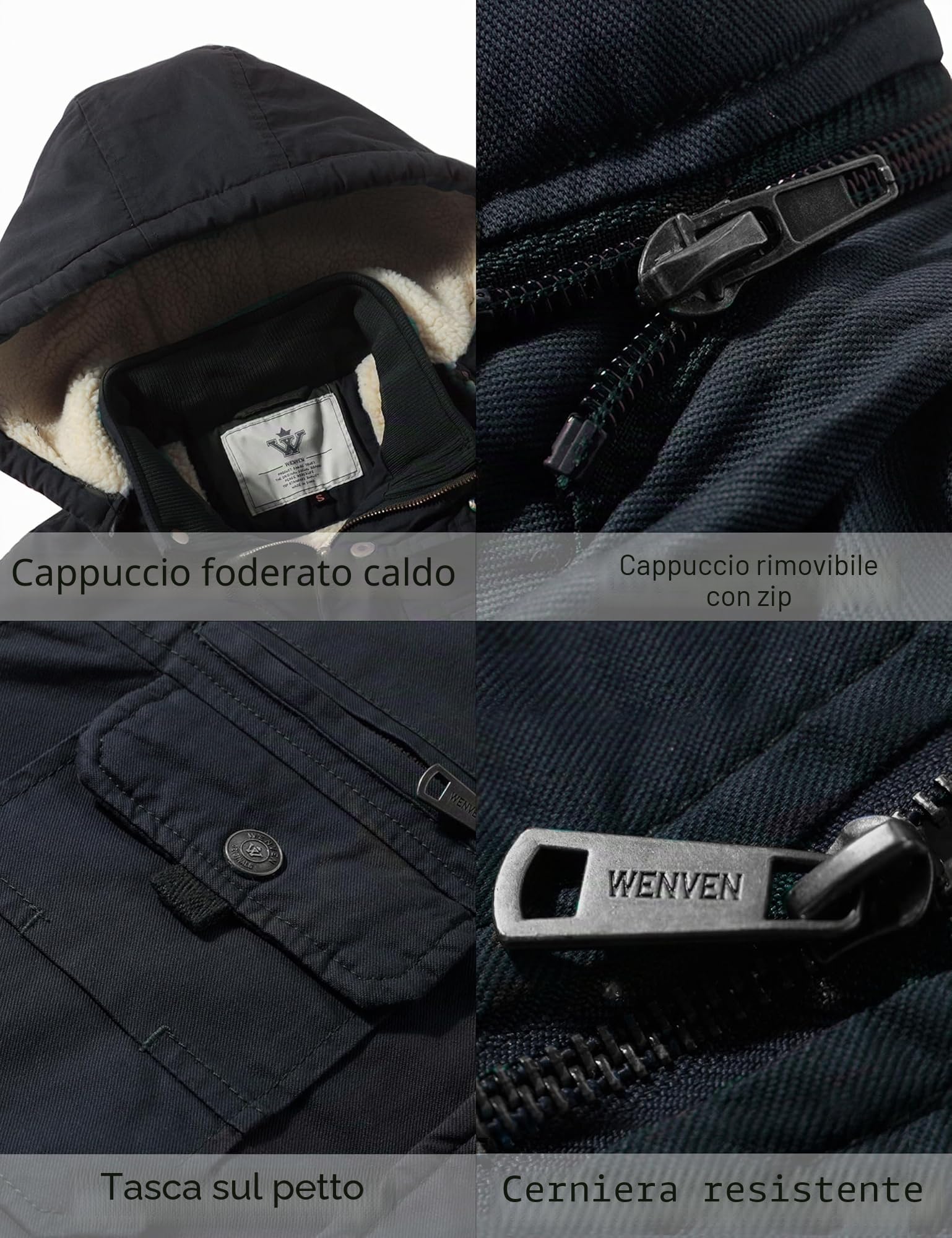 WenVen Cappotto Militare Uomo Invernale Caldo Antivento Esterno | Caldo, Fodera Spessa, Antivento, Imbottita, Isolante,Media Lunga,Cappuccio Rimovibile,Giacca Sportiva,Outdoor, Mezza Stagione