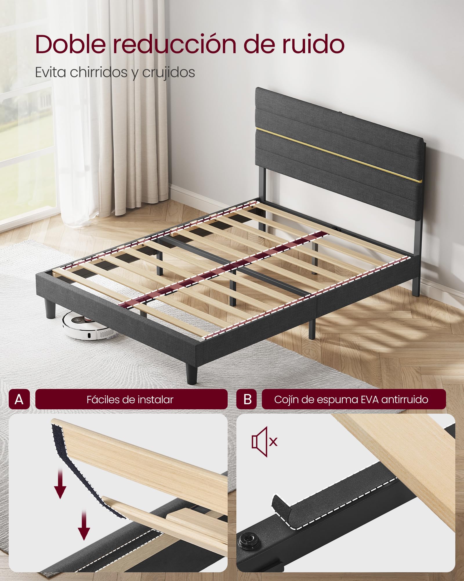 VASAGLE Marco de Cama Matrimonial, Marco para Colchón de 135 x 190 cm, Cabecero Acolchado Ajustable, Metal y Madera, Estilo Moderno, Gris Pizarra RMB506GN01
