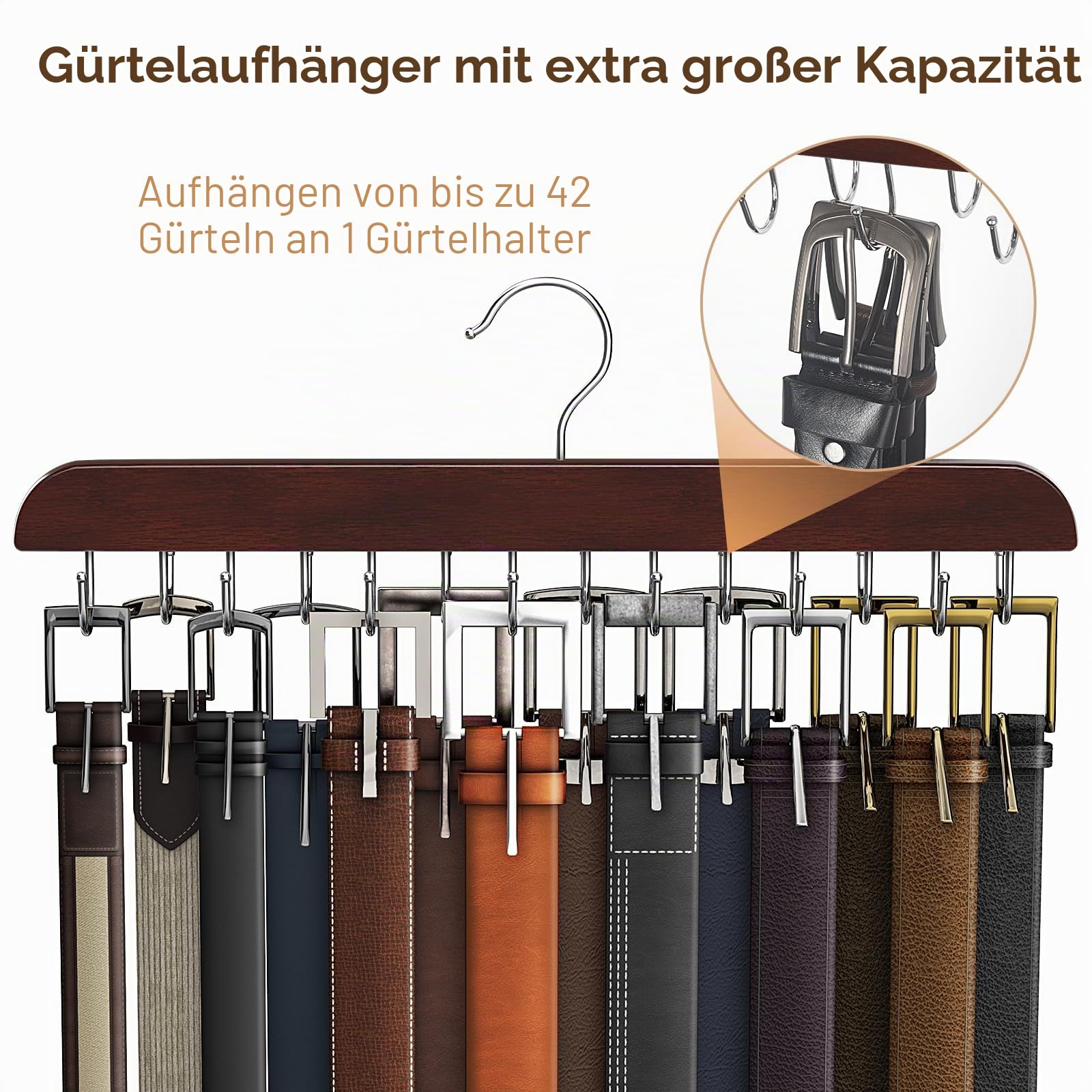 Gürtelhalter für Kleiderschrank, Platz für bis zu 42 Gürtel, Gürtel-Organizer mit 14 Haken, Gürtelhalter aus stabilem Holz für Kleiderschrank-Organizer und Aufbewahrung, Mahagoni, 2er-Pack