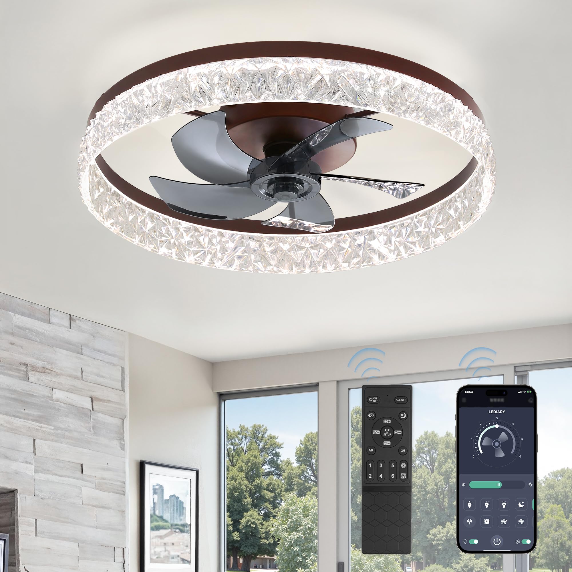 LEDIARY 22" Modern Ceiling Fans with Lights and Remote, Dimmable Low Profile Ceiling Fan, Flush Mount Fan, Stepless Color Temperature Change and 6 Speeds - Brown