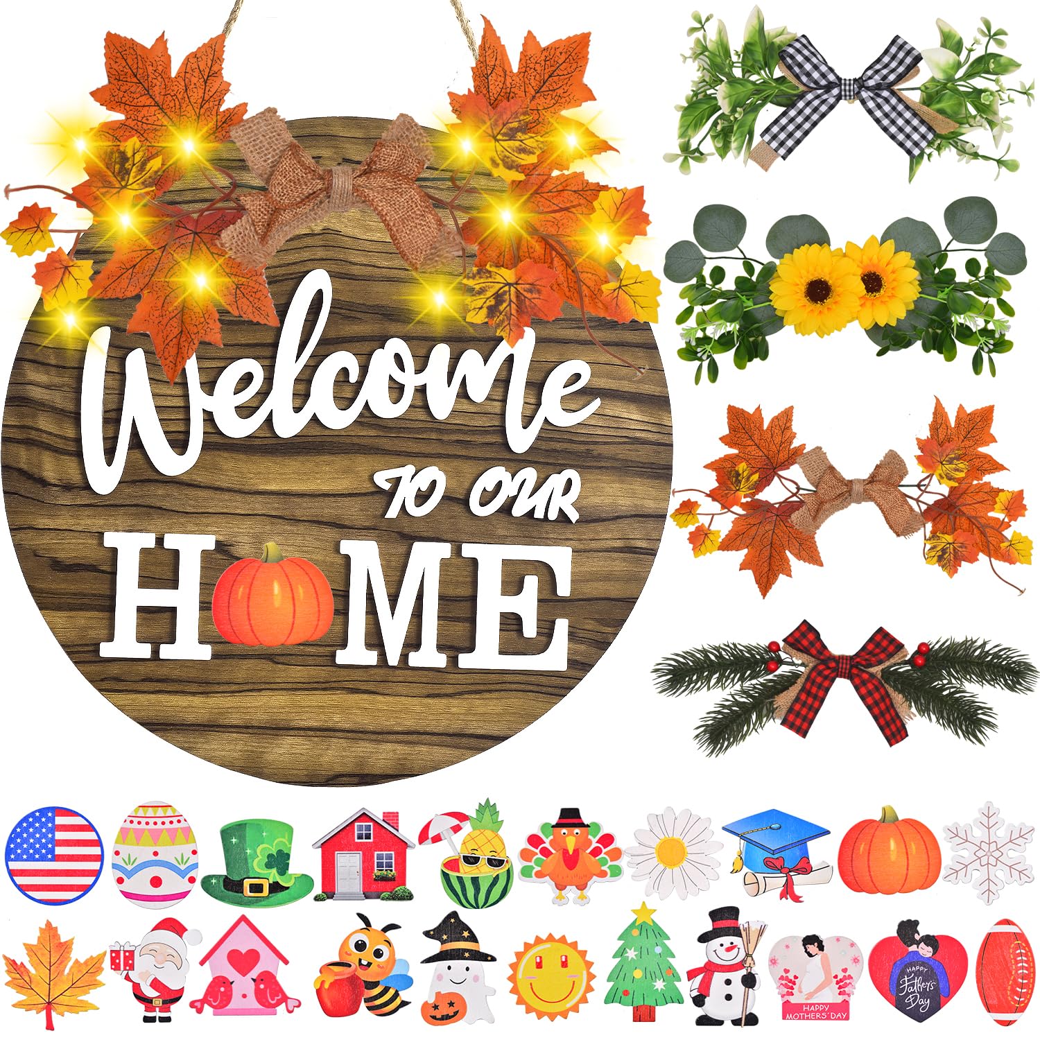 Interchangeable Welcome Home Sign, Front Door Decor With 4 Seasonal Wreaths and 21 Changeable Icons, Rustic Wood Wall Porch Hanger for Holiday Halloween Christmas Housewarming Gift (Brown)