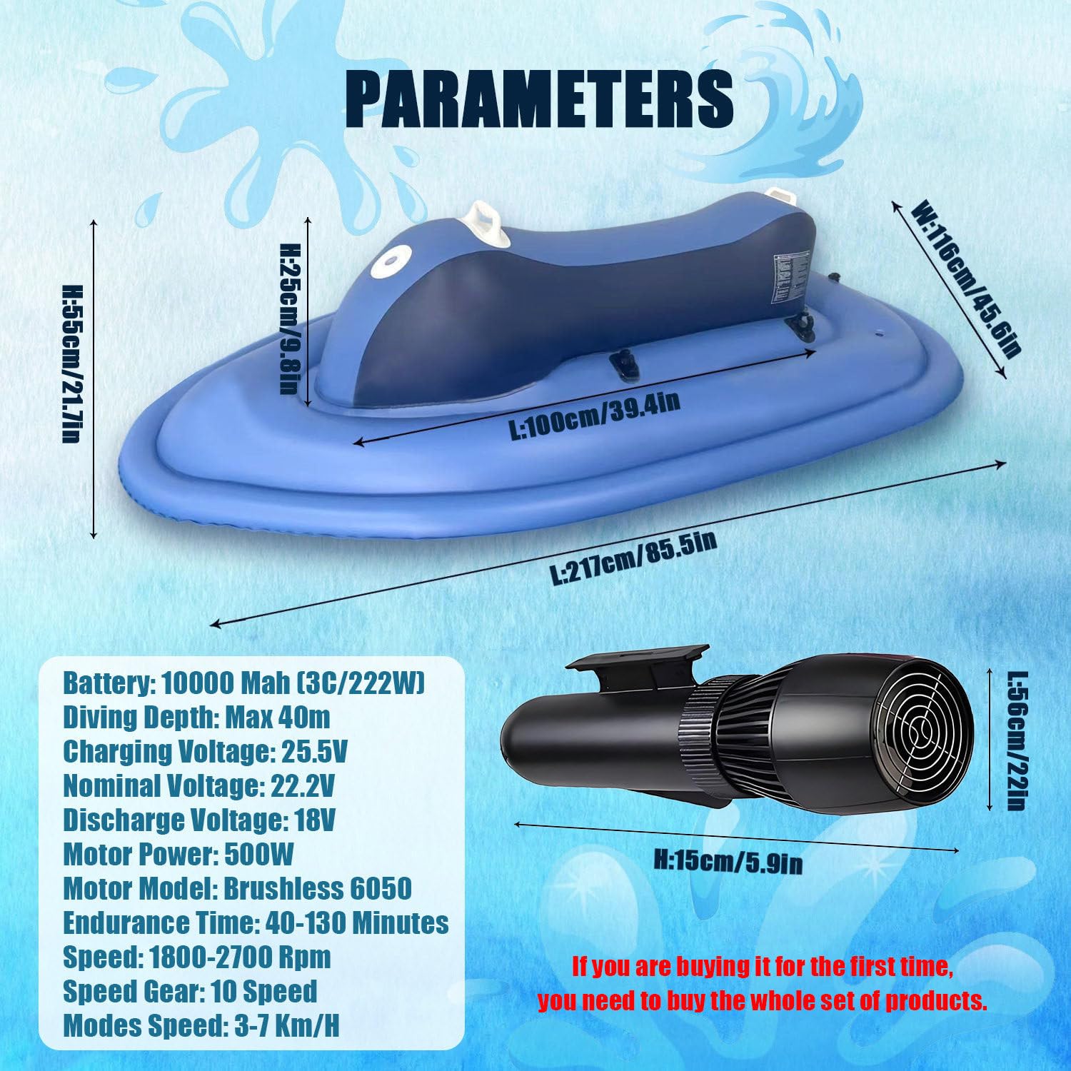 Aufblasbarer Elektrischer Jetski Mit 500W, Unterwasser-Scooter-Jetski, Schlauchboot Mit Motor, 10000-Mah-Akku, 10 Geschwindigkeiten, 130 Minuten Laufzeit,Boat+Thruster