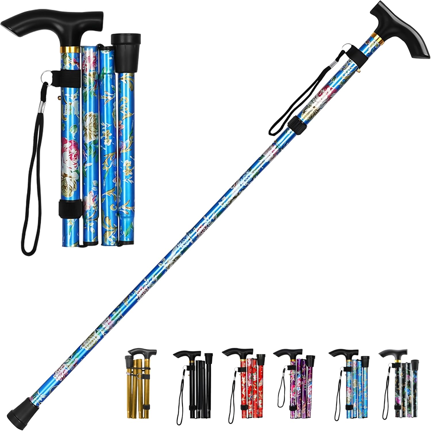 LZZAZ® Walking Stick Rubber ends, Adjustable Height Folding Walking