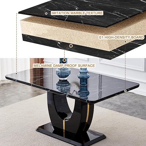 Miniatura 6 de JUFU Juego de mesa de comedor moderna para 6 personas, juego de mesa de cocina rectangular con mesa de mármol sintético y 6 sillas tapizadas de piel