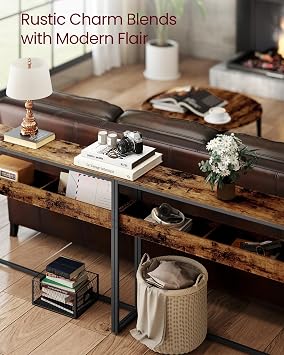 VASAGLE 2-Tier Entryway Table, Narrow Console Table, Semi-Open Compartments, 9.4 x 39.4 x 31.5 Inches, for Hallway, Living Room, Rustic Brown and Ink Black ULNT091K01