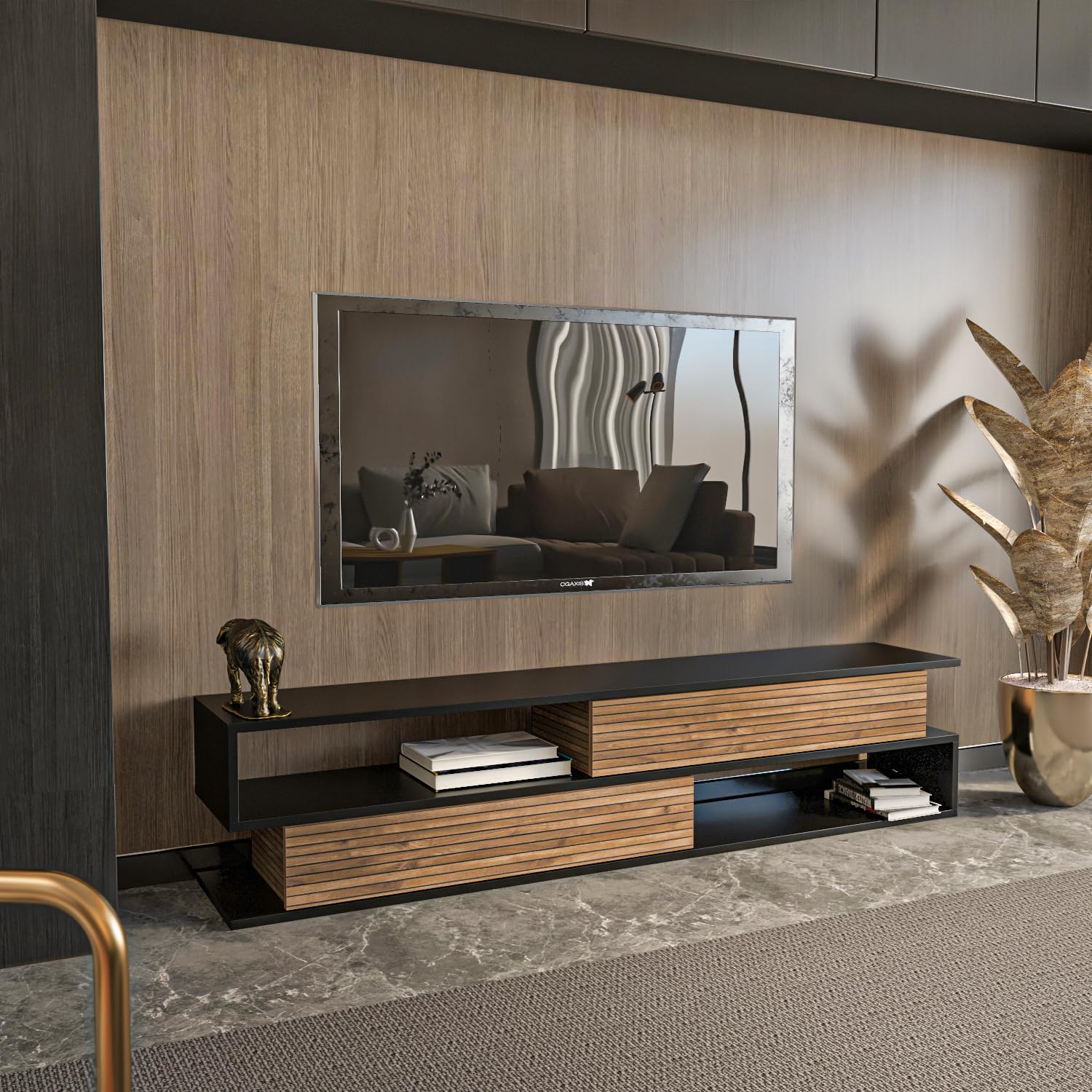 DECOROTIKA Meuble TV Cortez 160 cm avec 2 armoires et 2 niches - Noir et Effet Alina