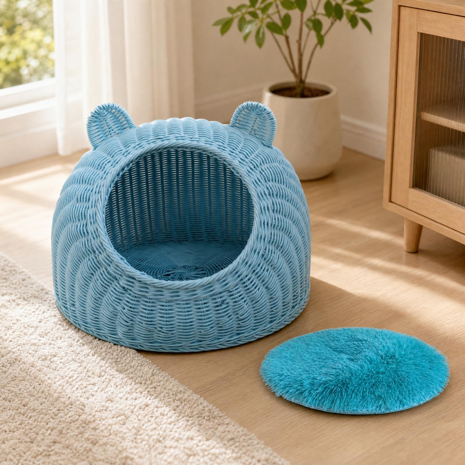 Cesta Cesto Mimbre Redondo Tejido Orgánico con Cojín Lavable Transpirable Diseño Orejas Atractivo Adecuada para Mascotas Acogedor Dormitorio, L
