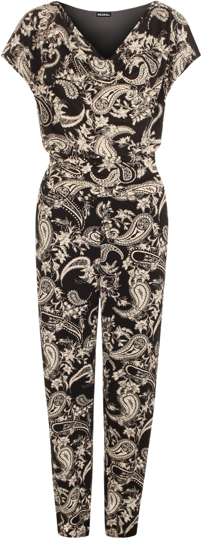 Wearall Women's Black Cowl Neck Sleeveless Paisley Print Pocket Belt Jumpsuit Pants - 22-24