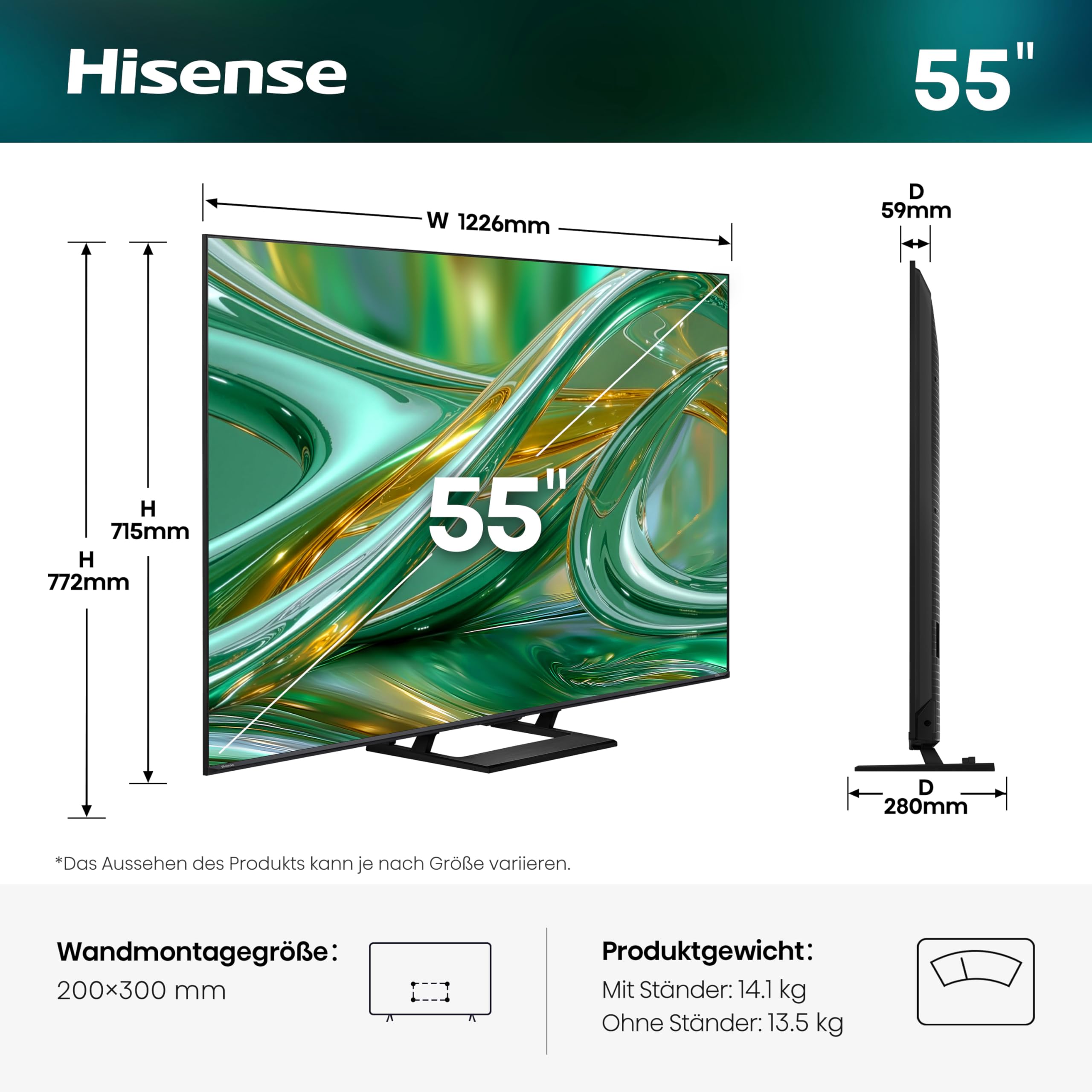 Hisense 55E8DS Fernseher 55 Zoll, 4K UHD, Hi-QLED Mini LED, Smart TV, 144Hz, Hi-View AI Engine, Dolby Vision.Atmos, Unibody Slim, FreeSync Premium, AI-Lichtsensor, Game Bar, Tuned by Devialet