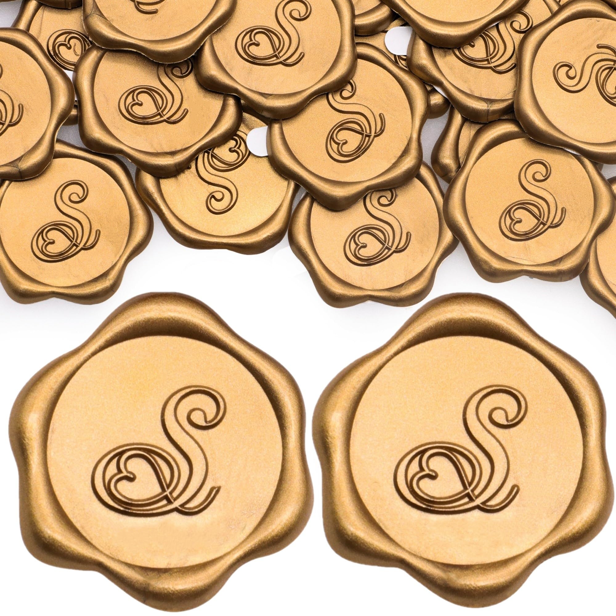 SWANGSA 50 Pack Letter S Wax Seal Stickers, Antique Gold Heart Design Initial Wax Stickers for Wedding Party Invitation Envelope Christams