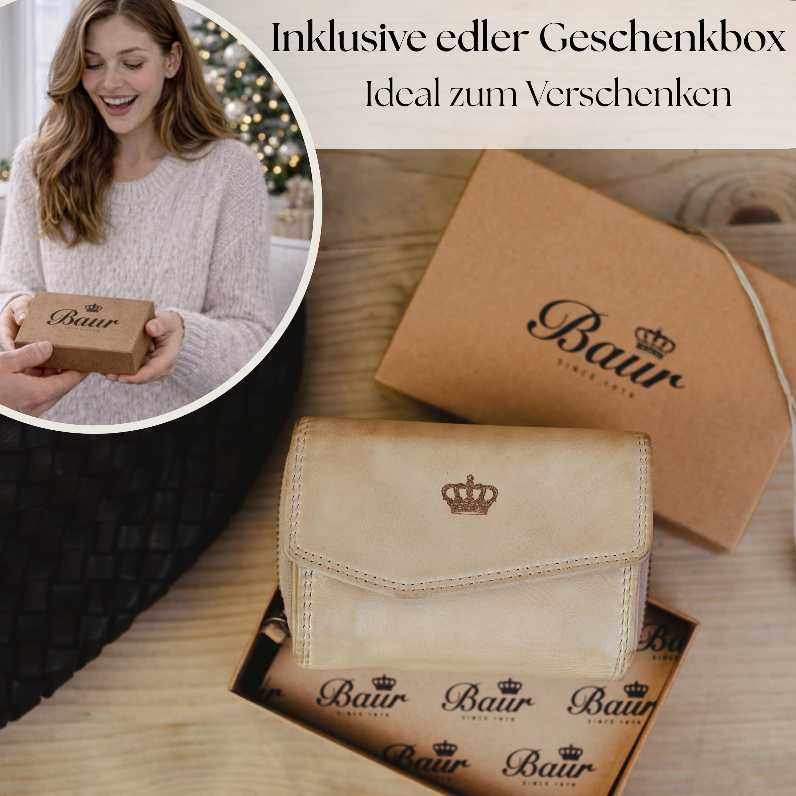 Baur Damen Geldbörse aus extra weichem Waschleder – Geldbeutel im Used-Look mit RFID-Schutz – Kleines Portemonnaie mit vielen Kartenfächern und Münzfach mit Metall-Reißverschluss (Beige)