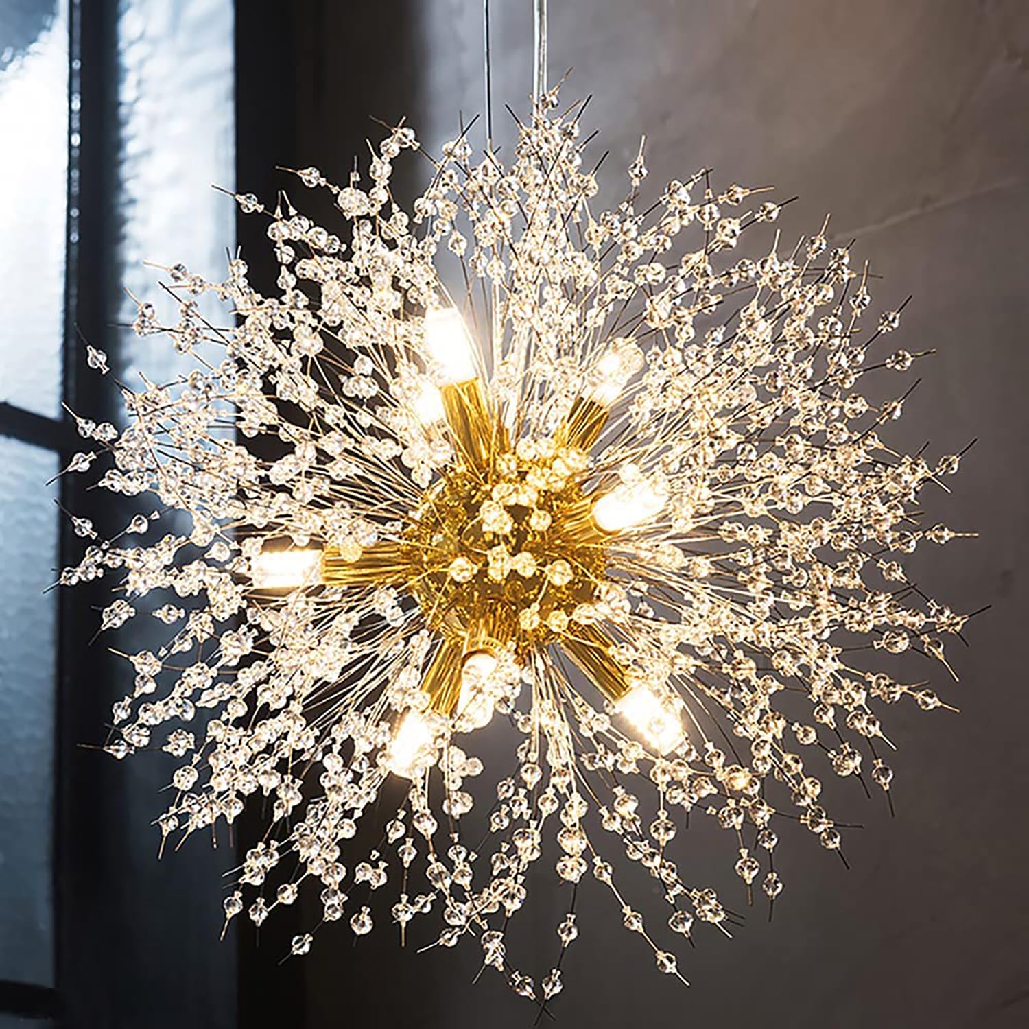 CAI-HAI Golden Dandelion Crystal Chandelier Modern Firework Chandelier Dining Room Bedroom Kitchen Island Living Room Lighting 9 Lights 50cm