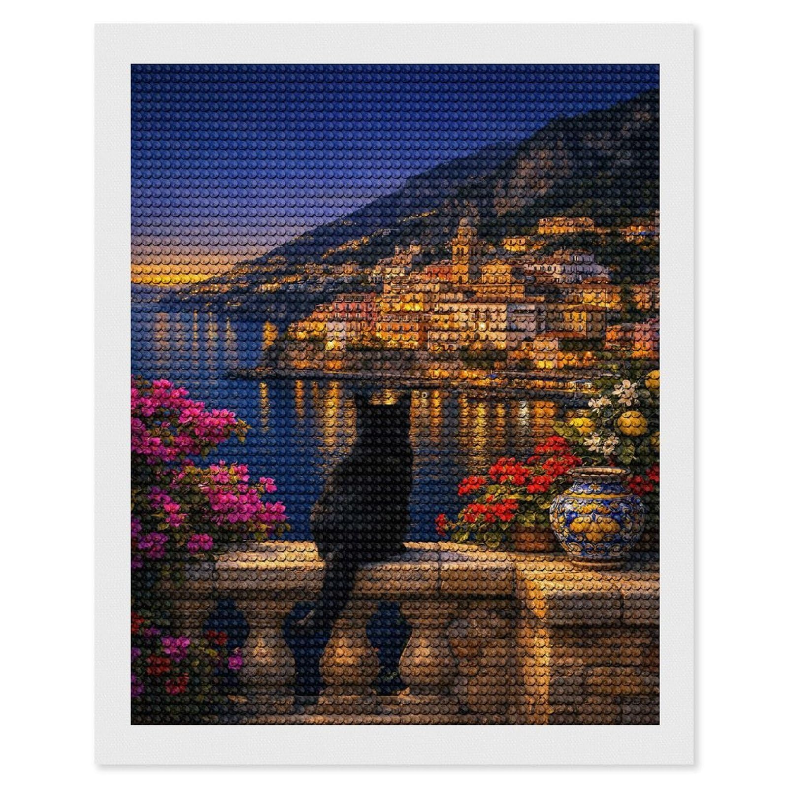 Junmoney Black Cat Overlooking Amalfi Coastal Town DIY Diamond Art Canvas Kit 16"x20", Farmhouse Decor, Vintage Style Decor, Handmade Wall Decor, Canvas Picture