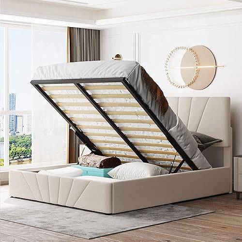 CITYLIGHT Upholstered Platform Bed Frame with Storage, Queen Size Bed with Gas Lift Up Storage, Wooden Storage Bed with Tufted Headboard and Hydraulic Storage System,Beige