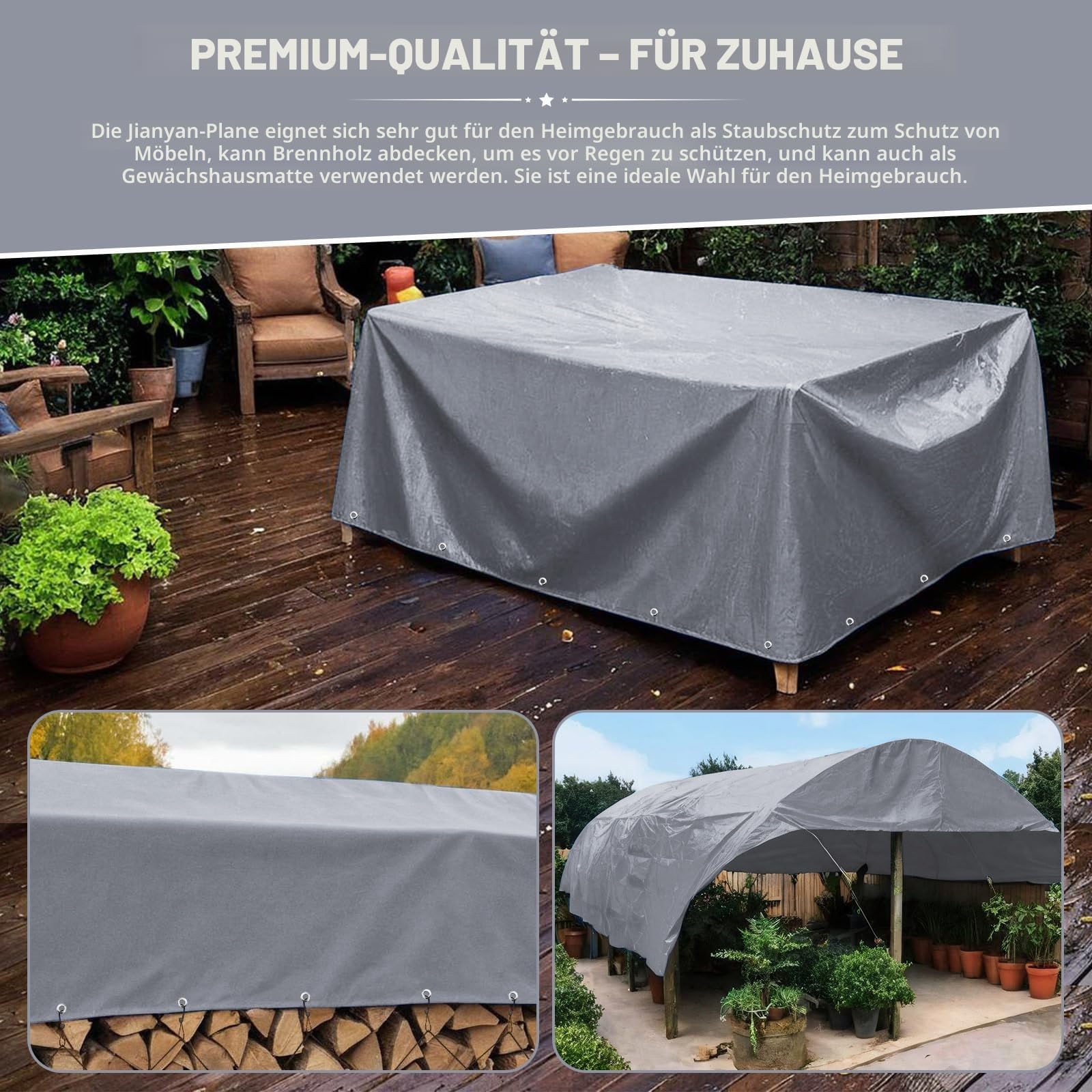 Jianyana Abdeckplane, PVC 440 g/m² LKW Plane mit ösen Plane Wasserdicht mit ösen Mit 10m Seil, Grau (2 x 3 m)