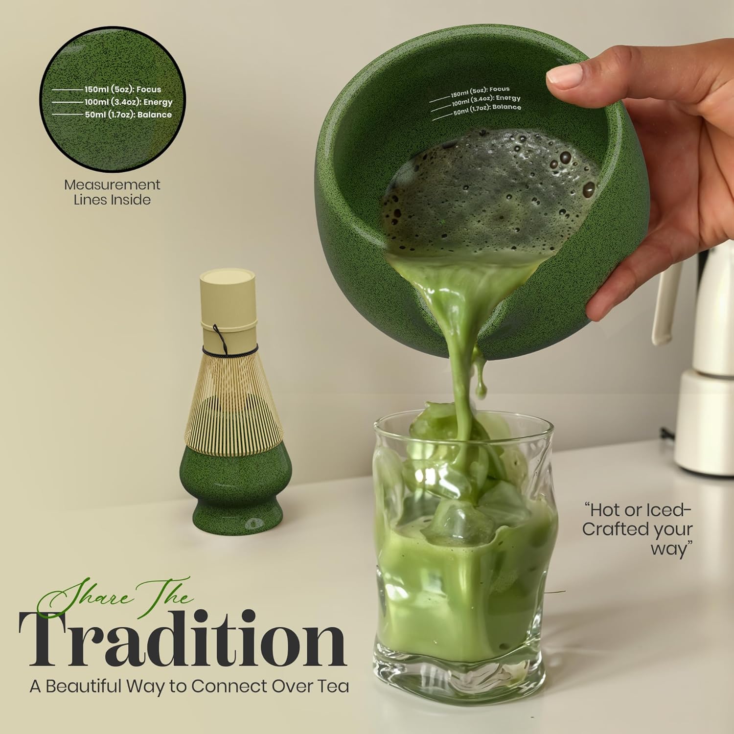 NEXTLUXE Matcha Whisk Set – Matcha Bowl and Whisk Traditional Bamboo Chasen with Ceramic Bowl, Matcha Sets, Matcha Whisk and Bowl, Matcha Sarter Kit - Measurement Lines, Spoon & Lid – Green