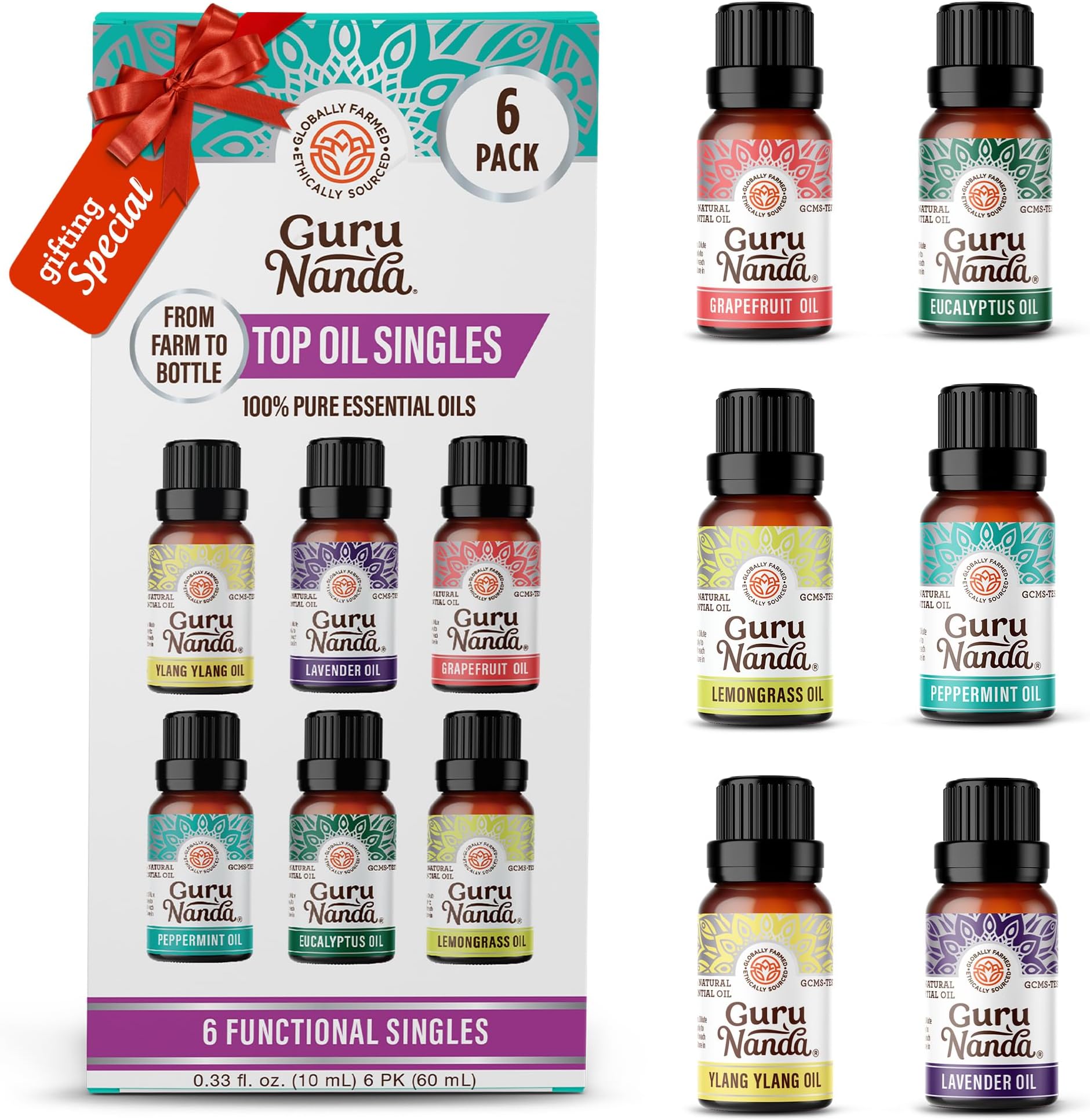 Essential Oils Set – 6 Pack (10mL Each), Lavender, Peppermint, Eucalyptus, Lemongrass, Grapefruit & Ylang Ylang, 100% Natural Aromatherapy Oils for Diffuser, Massage & DIY Candle Making