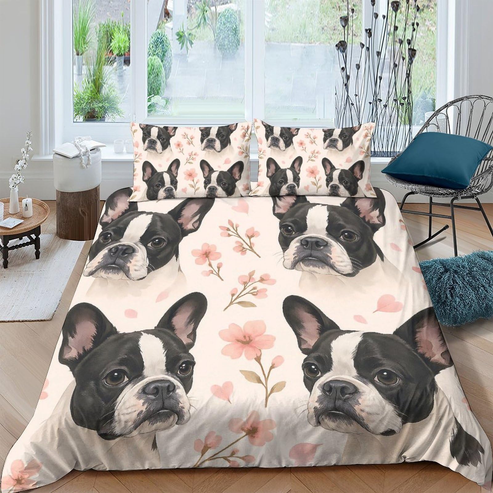 GPLZQXKJNH 3D Printed French Bulldog Floral Duvet Cover Microfiber Soft Breathable Dog Pattern Bedding Set with 2 Pillowcases Single（135x200cm）