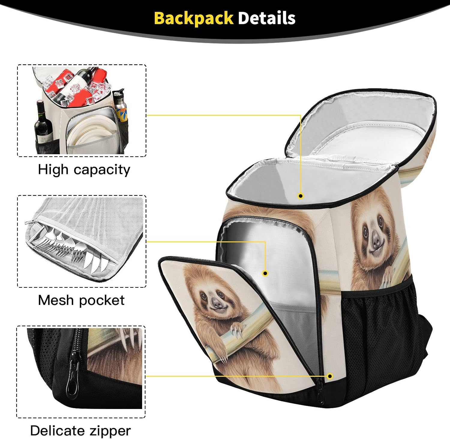 Cute Sloth on Branch Cooler Backpack 36 Cans Leakproof Waterproof Backpack Cooler Bag Beach Accessories for Women and Men Travel Camping Fishing Backpack