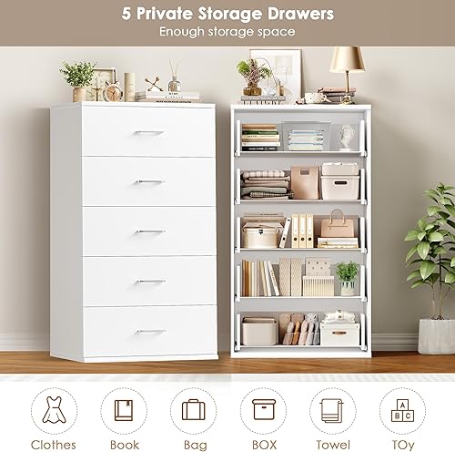 Miniatura 4 de TTVIEW White Dresser, Chest of Drawers with Mental Handles, Tall White Dresser with 5 Drawers, Tall Dressers for Living Room, Kitchen, Entryway
