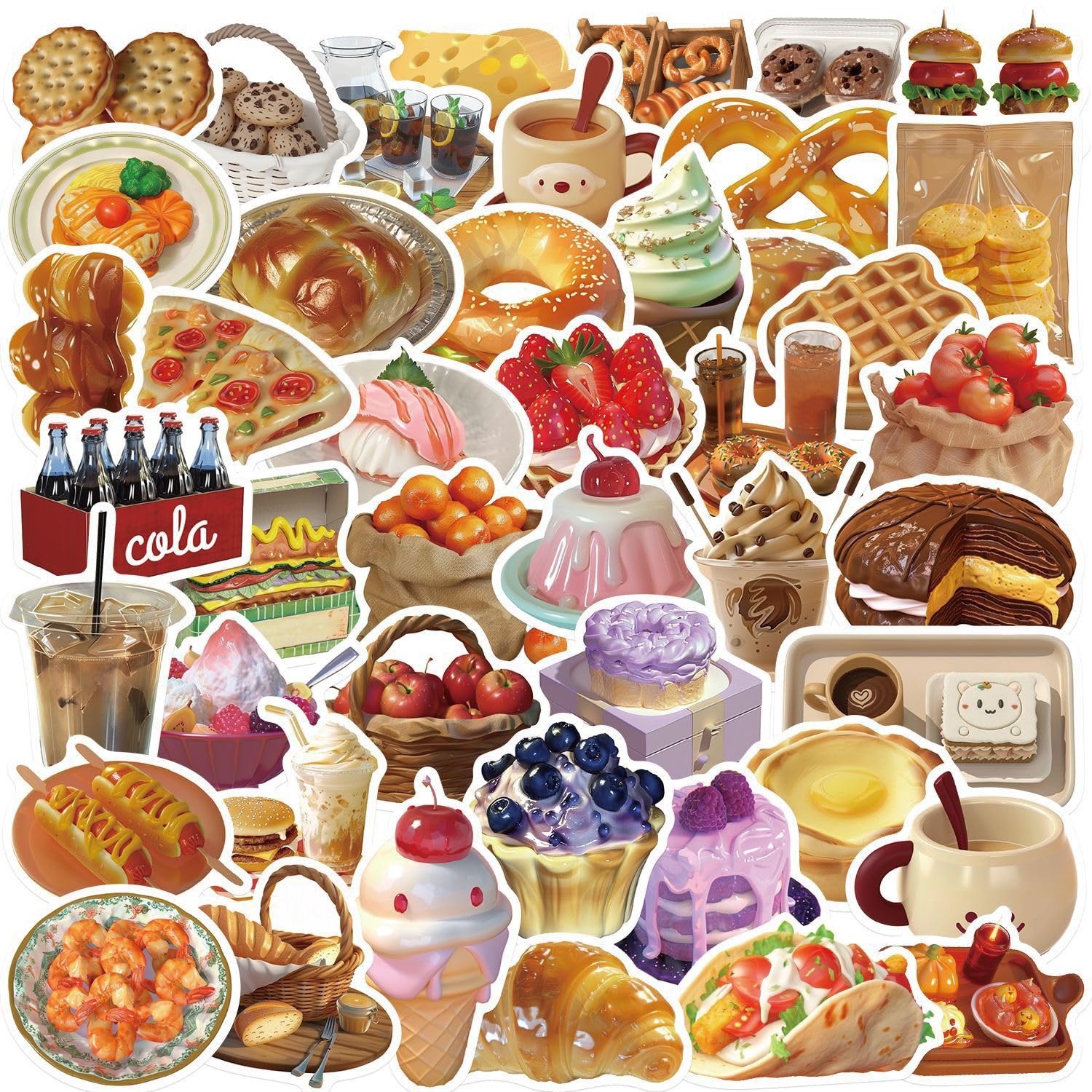 YINSMALLQI 50pcs Cute Stickers Food Stickers, Waterproof Scrapbook Aesthetic Sticker for Water Bottles Computer Laptop Scrapbook Daily Planner Junk