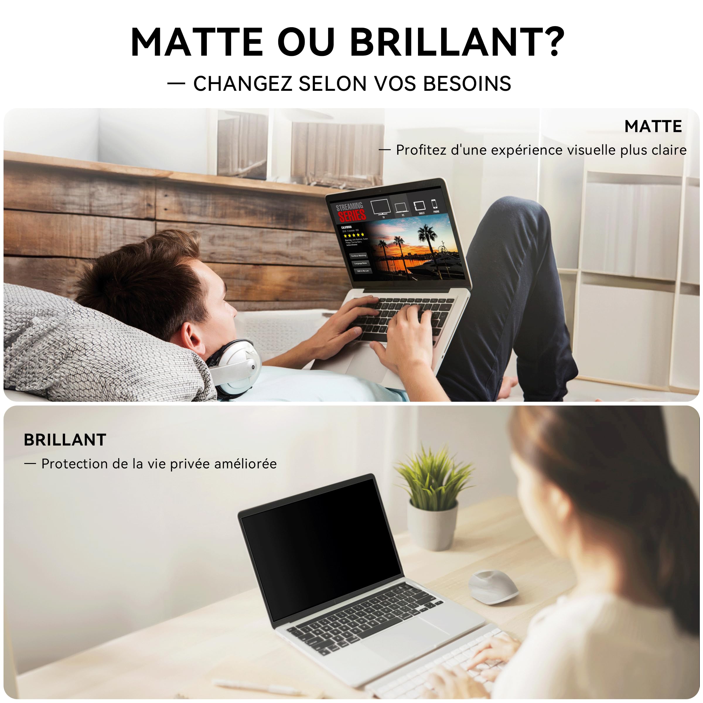 Filtre de Confidentialité 13,3 Pouces 16:10, Film Ecran Ordinateur Portable Compatible avec HP/Dell/Acer/Lenovo/Thinkpad/Envy, Amovible Anti Espion/Lumiere Bleue Protection Ecran Laptop