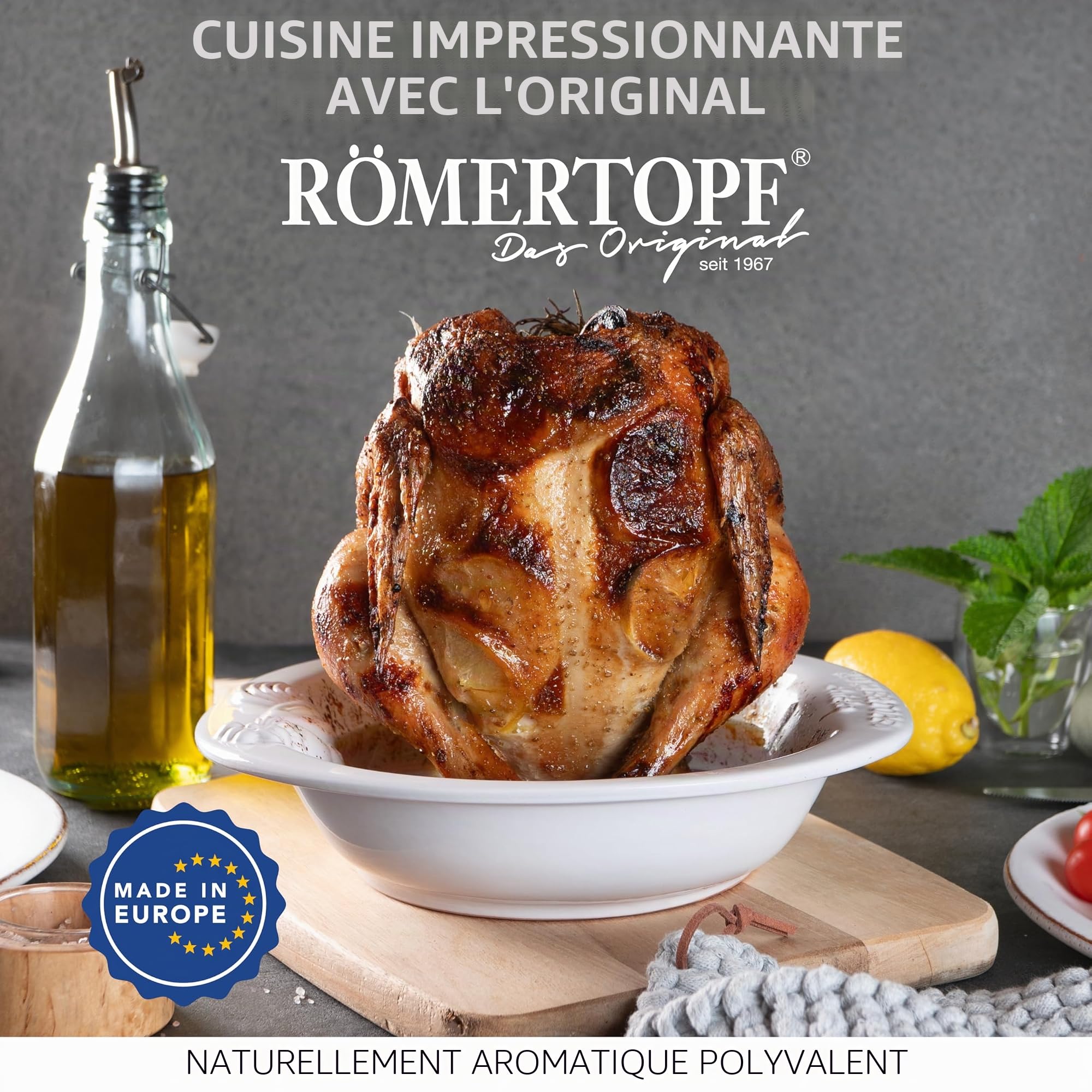 Römertopf Rôtissoire à poulet verticale en argile naturelle Ø 25 cm, avec récipient à arômes pour poulet et canard, blanc