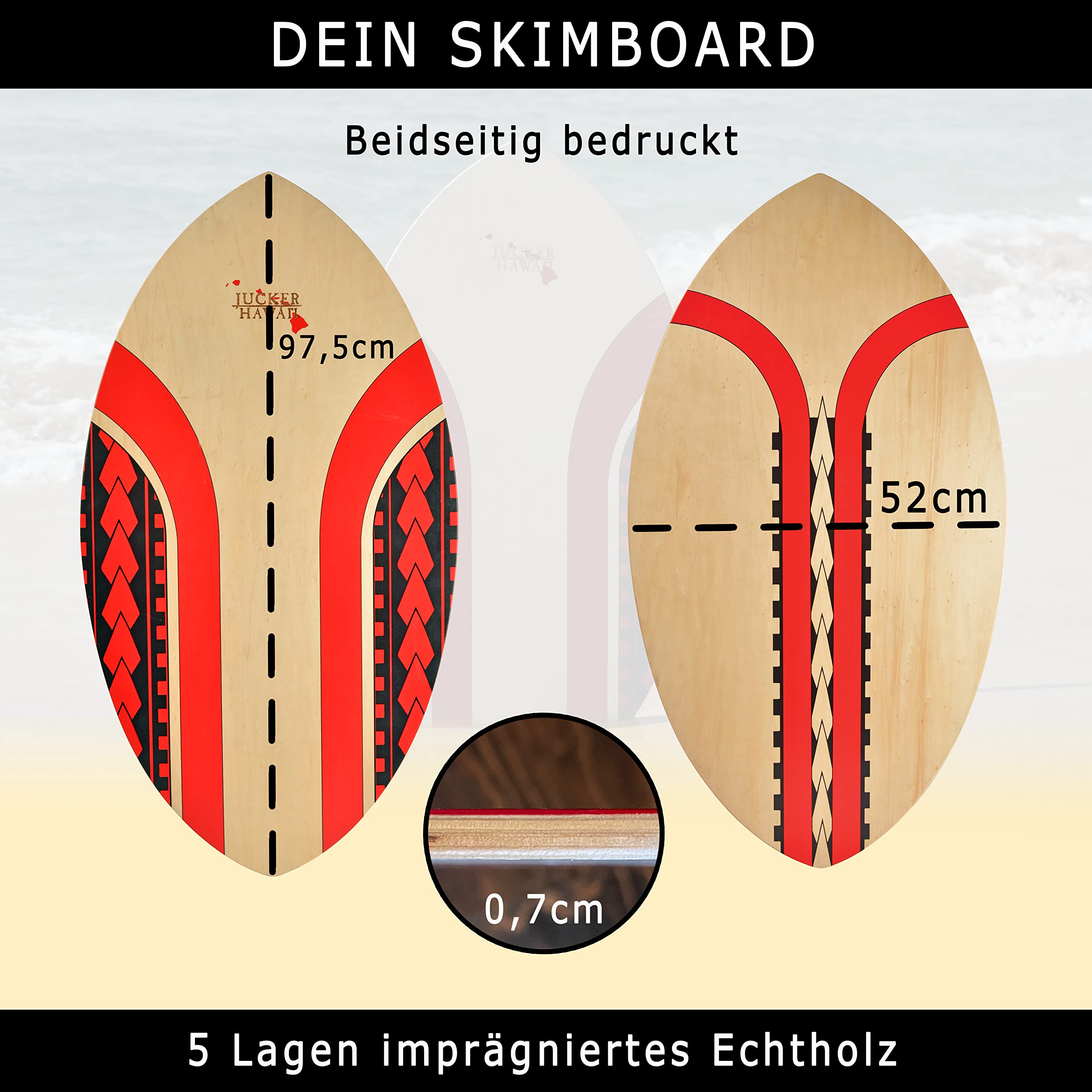 JUCKER HAWAII Skimboard PUNA | 5 Lagen Pappelholz, 97,5 x 52 x 0,7 cm, 40-90 kg Gewichtsklasse, Beidseitiges Design