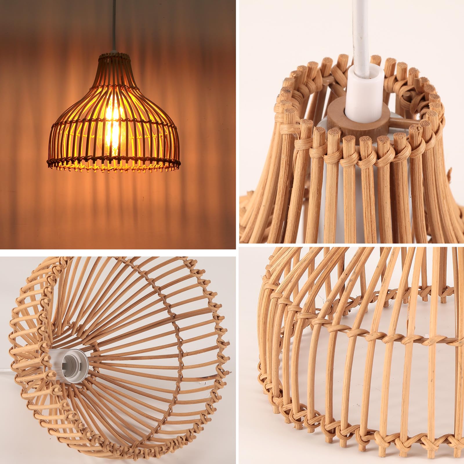 2 Pezzi Lampade a Sospensione Rattan E27 Lampadario Vintage Ø24cm Paralume Bambù Lampadari, Boho Lampada da soffitto Legno per Salotti Cucine Ristoranti Caffè