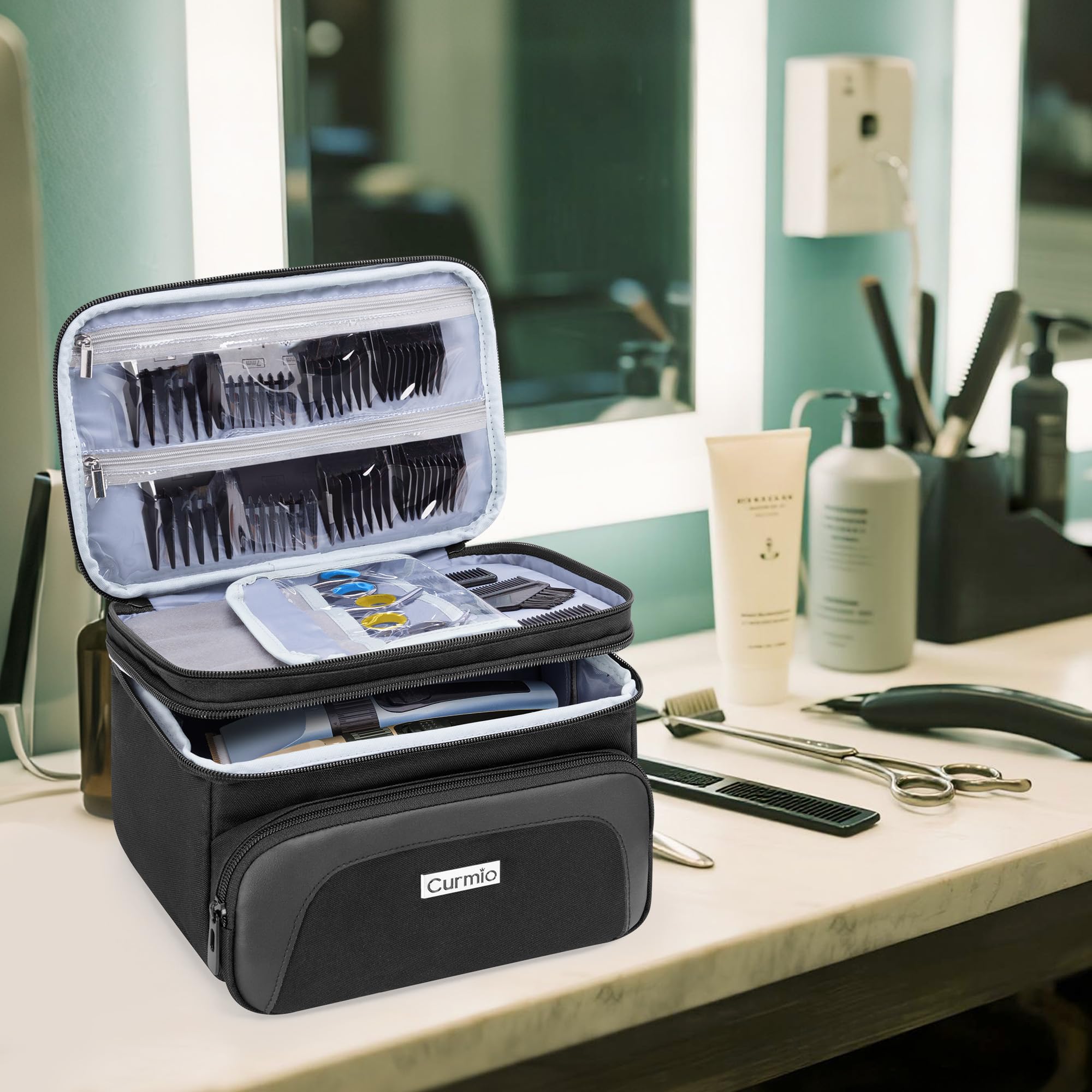 CURMIO Sac de Transport pour Tondeuse à Cheveux, Double Couche Étui Organisateur Compatible SUPRENT/Hatteker/Wahl, Noir