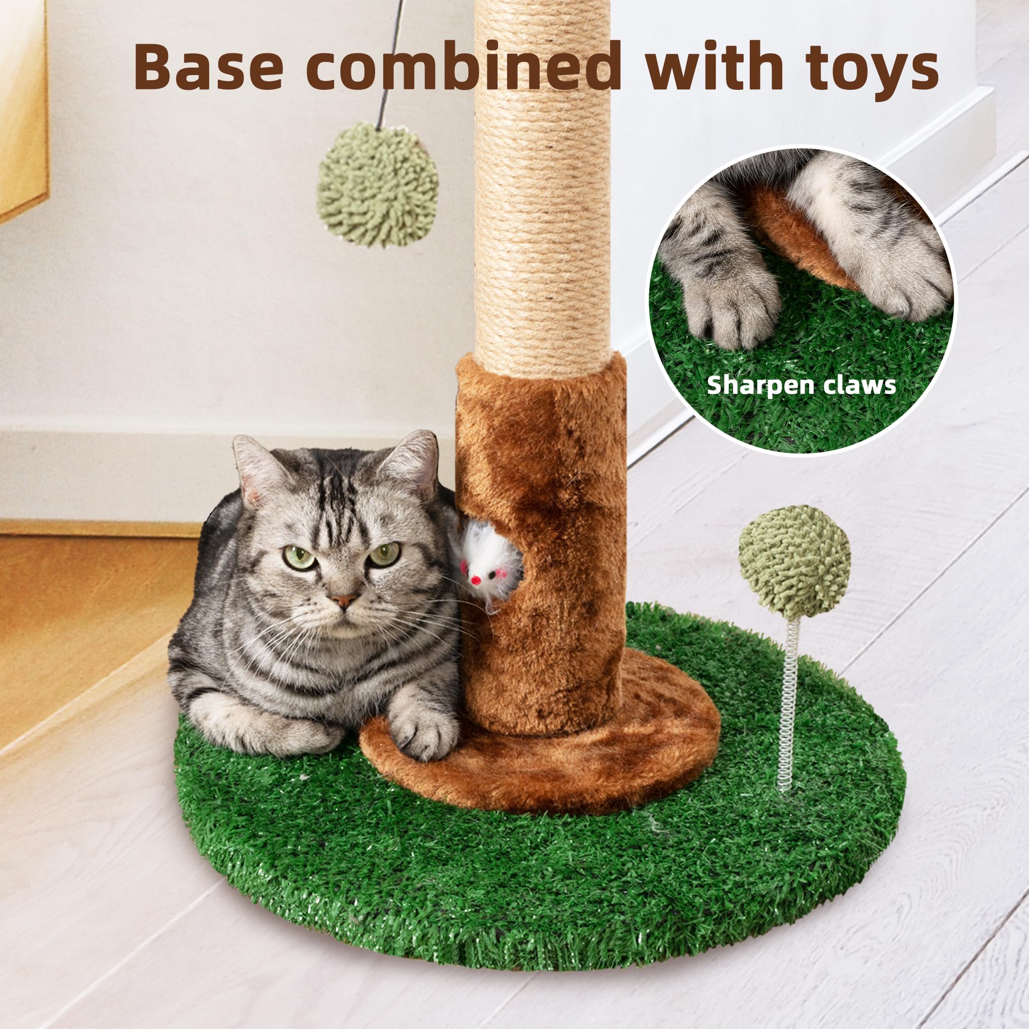 Meowoou Tiragraffi per Gatti Alto 81 cm con Corda in Sisal per Gatti da Appartamento, bel Tiragraffi Verde con Giocattolo Incorporato per Gattini