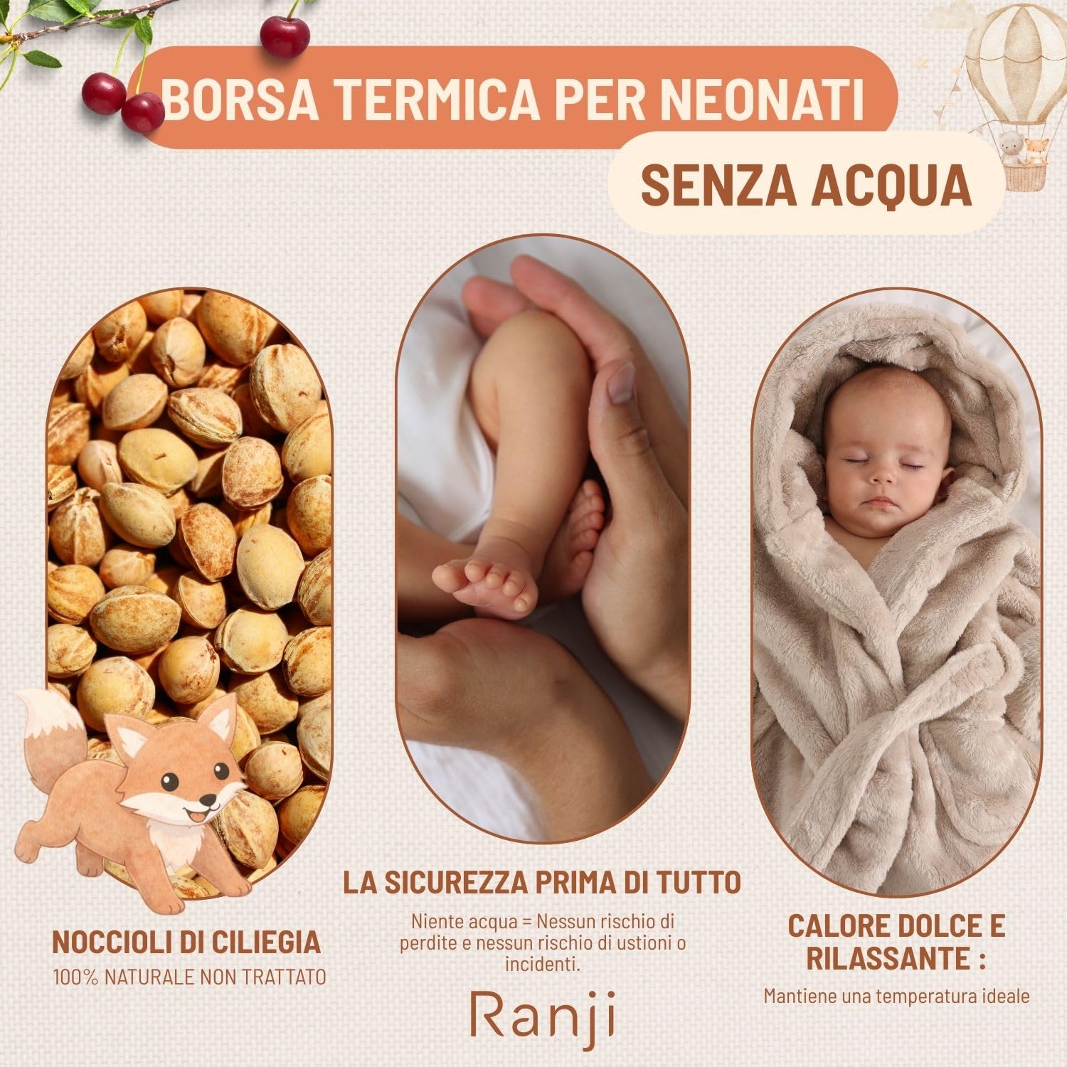 RANJI - Cuscino Coliche Neonato a Cintura con Noccioli di Ciliegia – Cuscino Termico Microonde per Coliche Neonato, Cotone Bio GOTS & Tessuti OEKO-TEX, Scalda Pancia Regolabile (Volpe) - 5