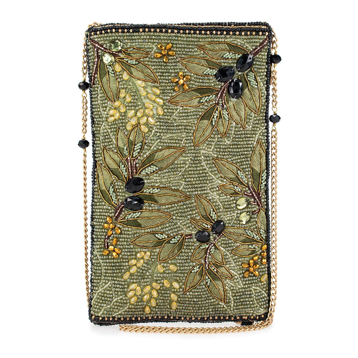 Mary Frances Olive Branch Beaded Floral Crossbody Cell Phone Bag – Leaf & Blossom Design Evening Clutch with Zipper Closure for Travel, Weddings,