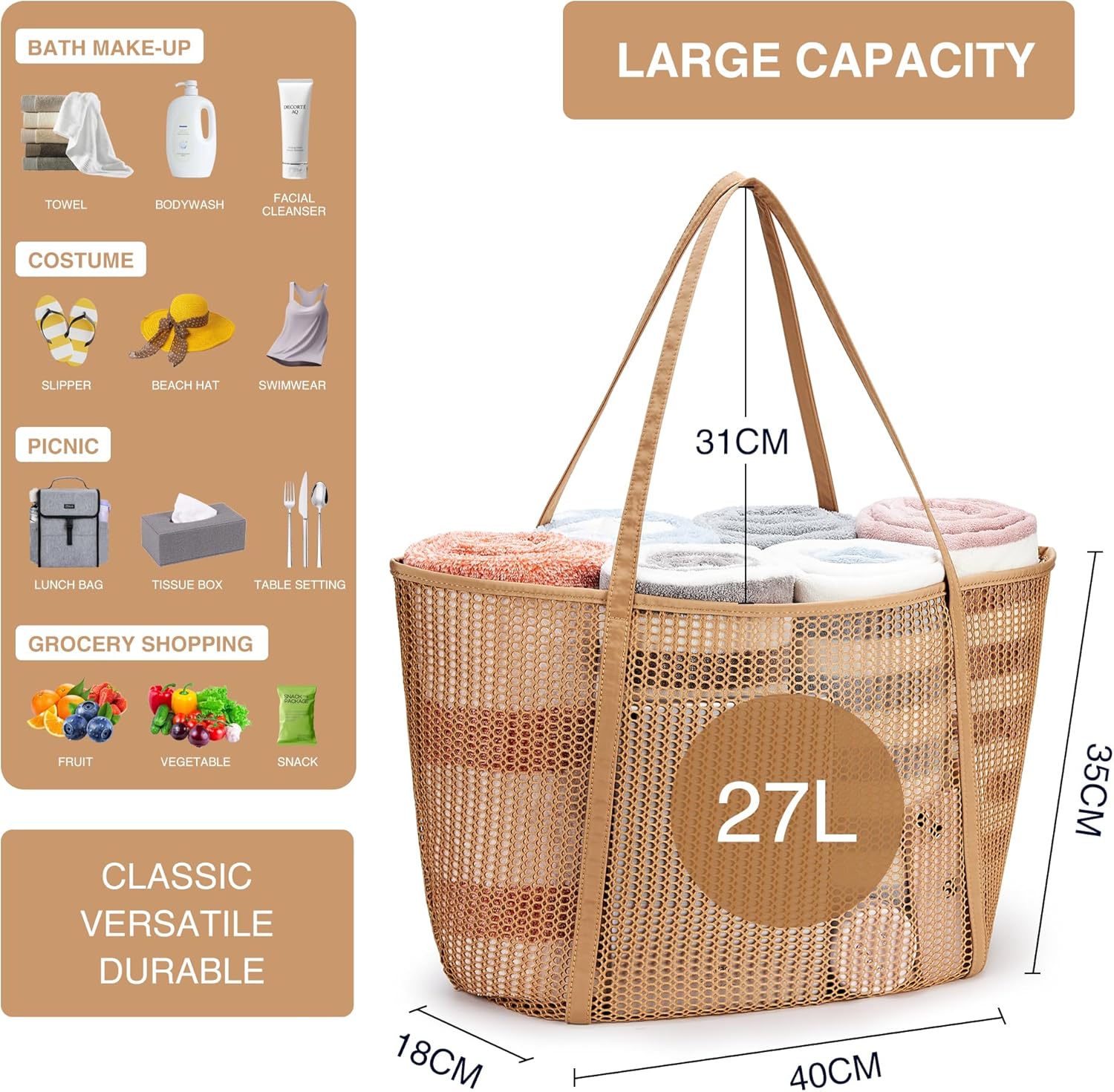 KALIDI FANCY FOREST Beach Mesh Tote Bag, Womens Shoulder handbag MAX 27L Grocery Bag - Image 4