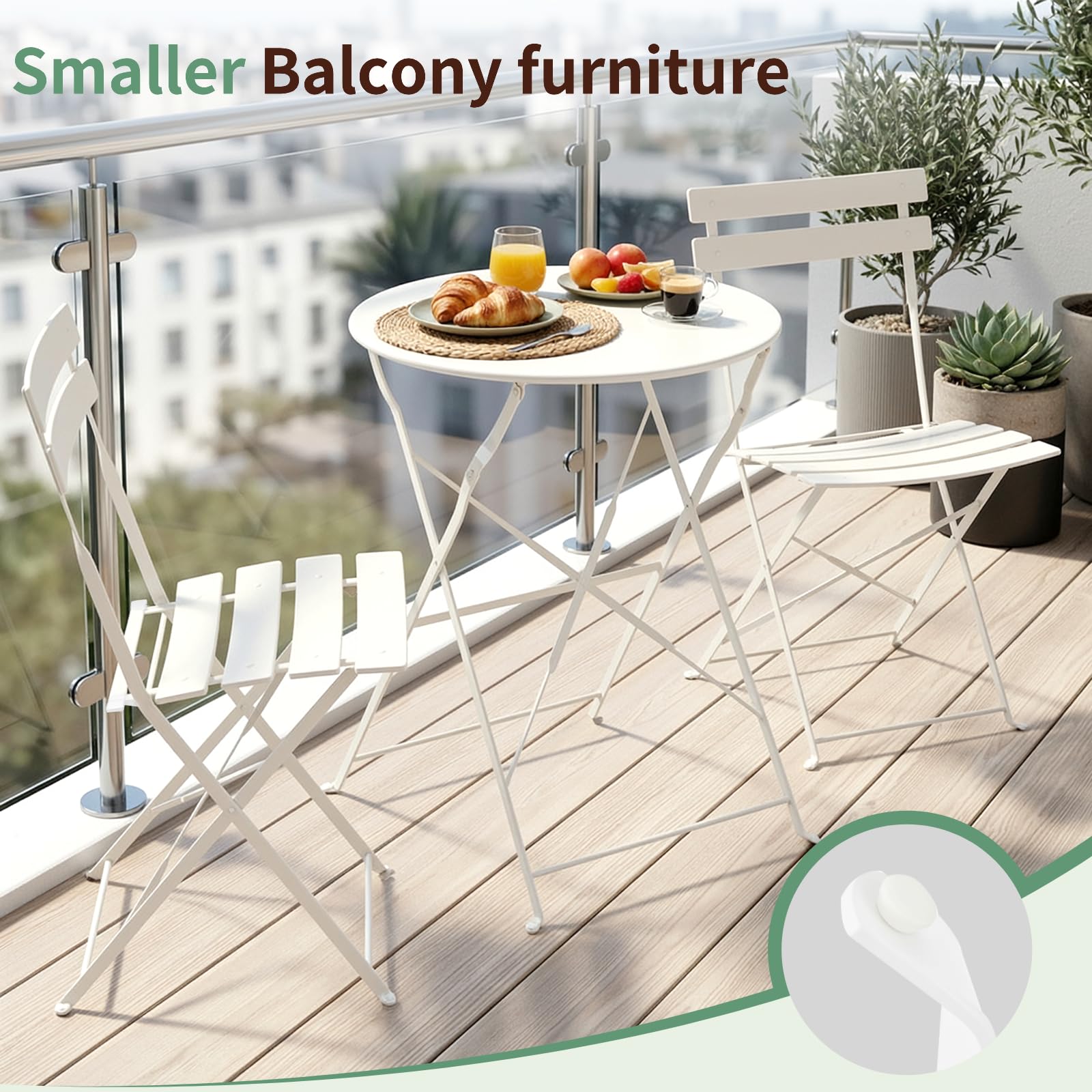 LIFERUN Zestaw bistro 3-częściowy, składany, metalowy zestaw mebli balkonowych na mały balkon, odporny na warunki atmosferyczne, 1 składany stół z 2 składanymi krzesłami, zestaw wypoczynkowy na taras