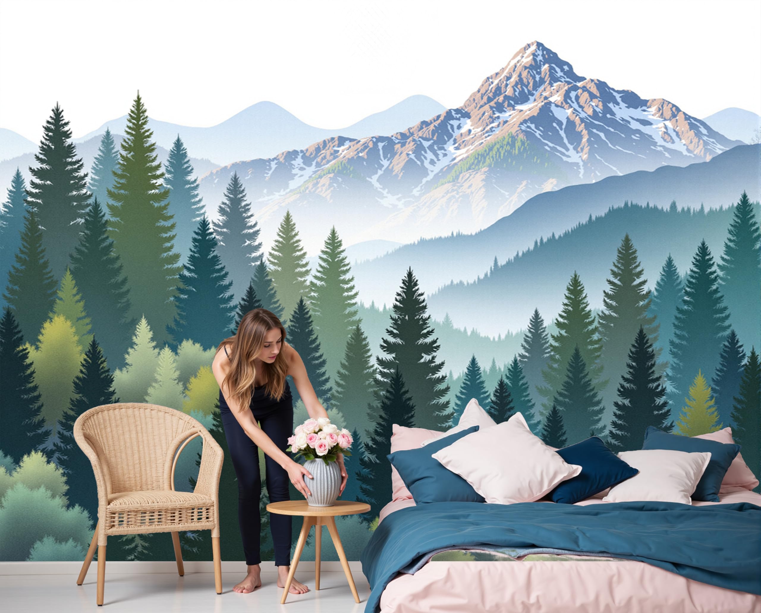 3D papier peint forêt aquarelle pins montagnes fresque murale haut de gamme