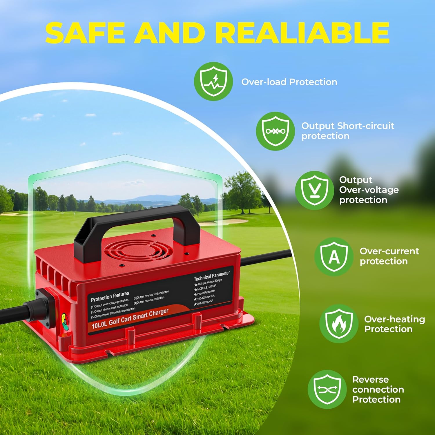 48V 15A Battery Charger for EZGO RXV Golf Cart - IP68 Waterproof, Auto Shut-Off, Smart Cooling, Aluminum Housing, Charging Indicator (Red)