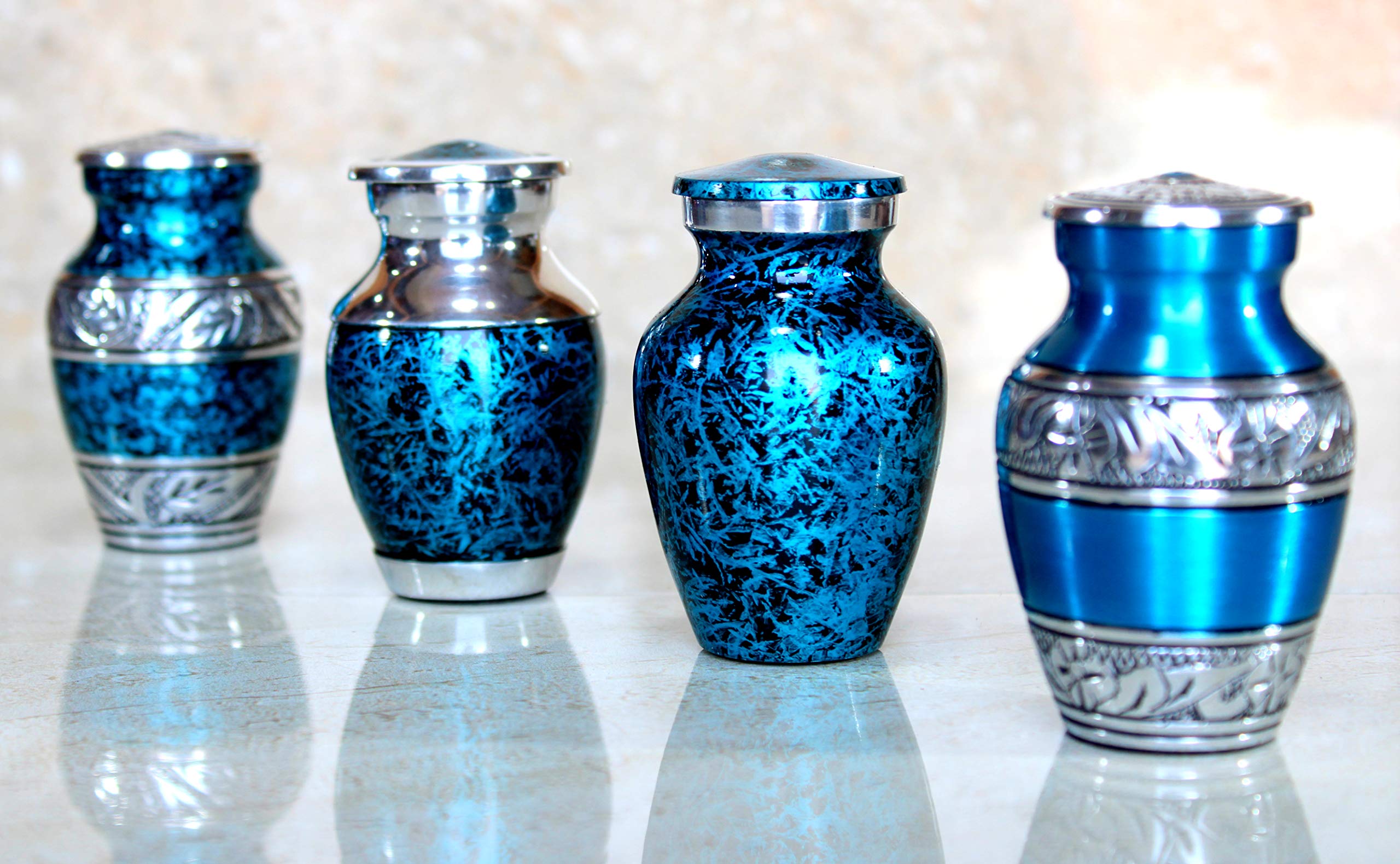 eSplanade Tarro conmemorativo de metal con forma de urna de cremación, juego de 4, urnas pequeñas para entierro de cenizas funerarias, recuerdos grabados y texturizados, azul, 3 pulgadas