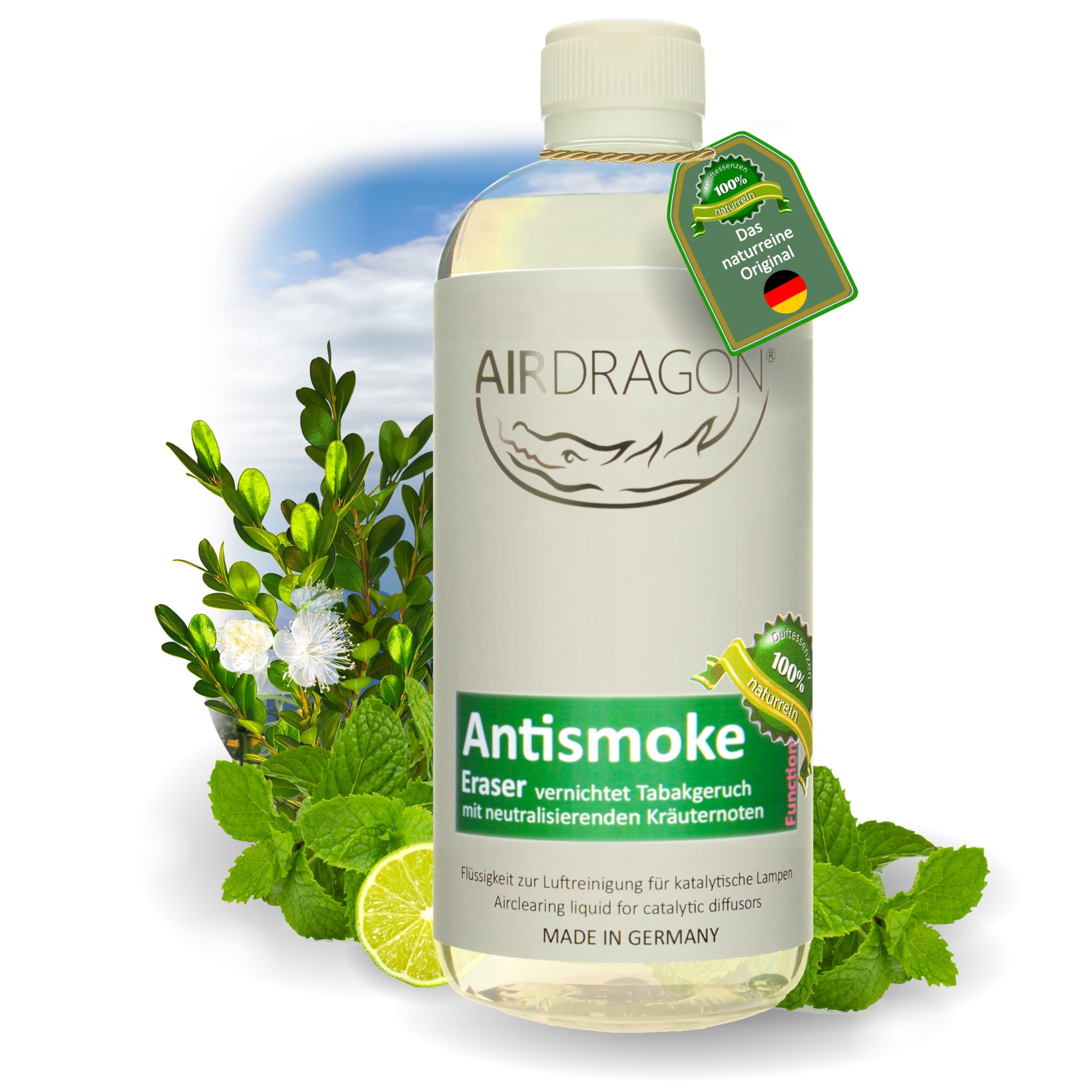 AIRDRAGON ANTISMOKE - katalytischer Raumduft ohne künstliche Duftstoffe - natürlicher Raumduft mit naturreinem ätherischem Duft-Öl für jede katalytische Lampe - 1000ml - Made in Germany