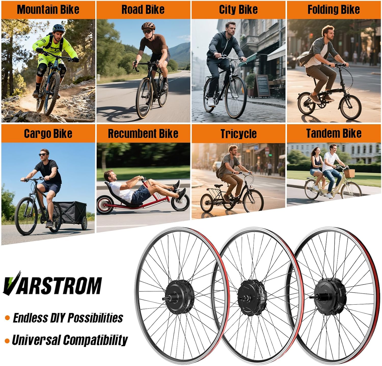Collage of various bicycle types (Mountain Bike, Road Bike, City Bike, Folding Bike, Cargo Bike, Recumbent Bike, Tricycle, Tandem Bike) demonstrating the universal compatibility of the Varstrom e-bike conversion kit.