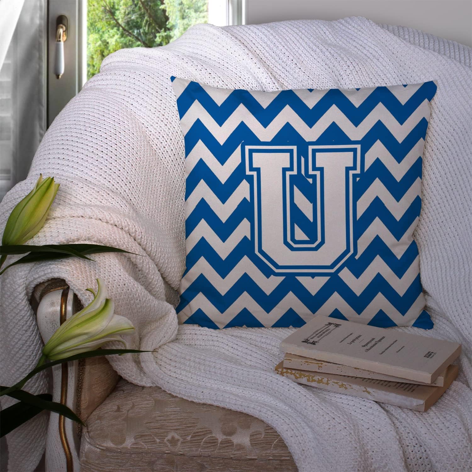 Caroline's Treasures CJ1045-UPW1414 Letter U Chevron Blue and White Fabric Decorative Pillow Machine Washable, Indoor Outdoor Decorative Pillow for Couch, Bed or Patio, 14Hx14W